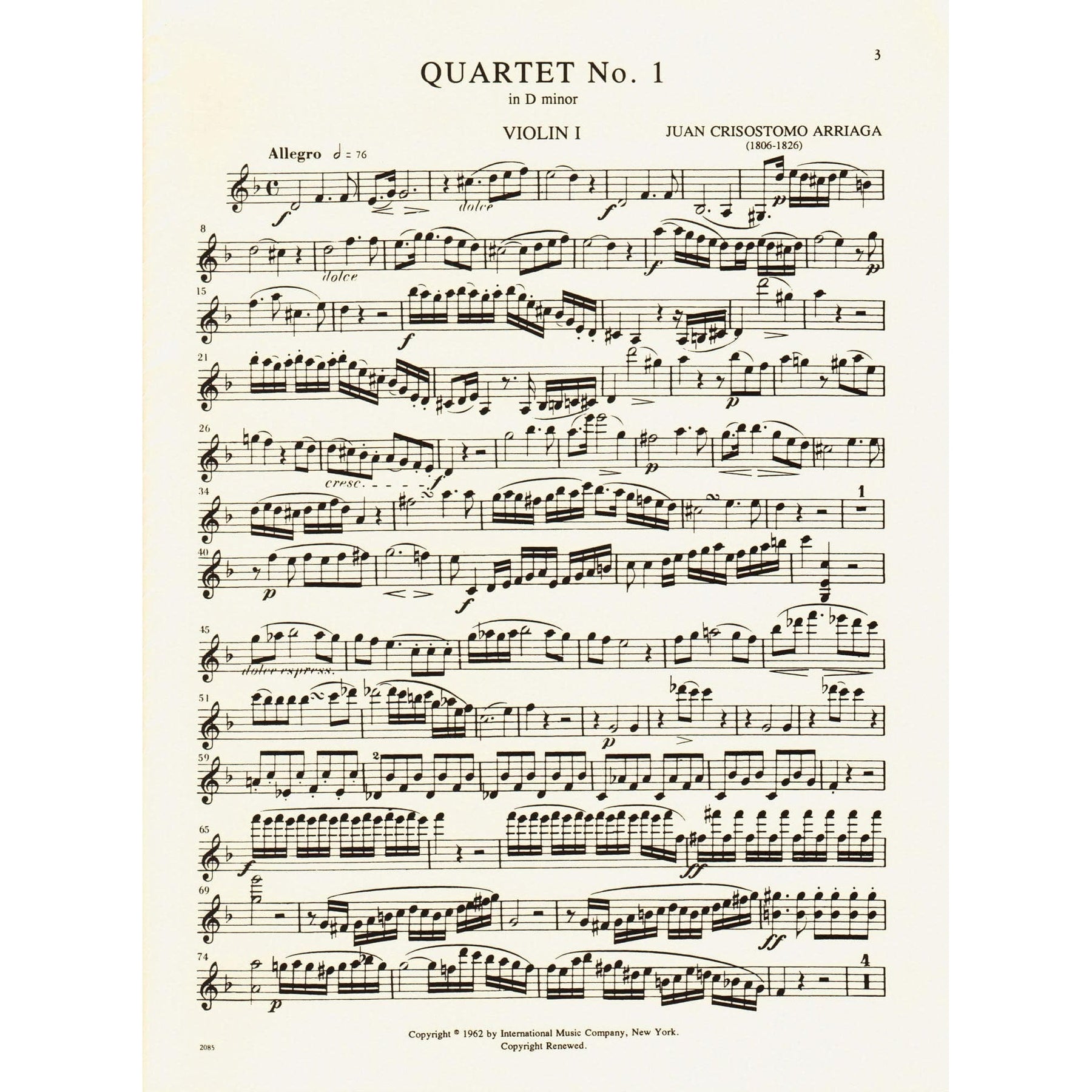 Arriaga, Juan Crisóstomo - Three Quartets - Parts for Two Violins, Viola and Cello - International Edition