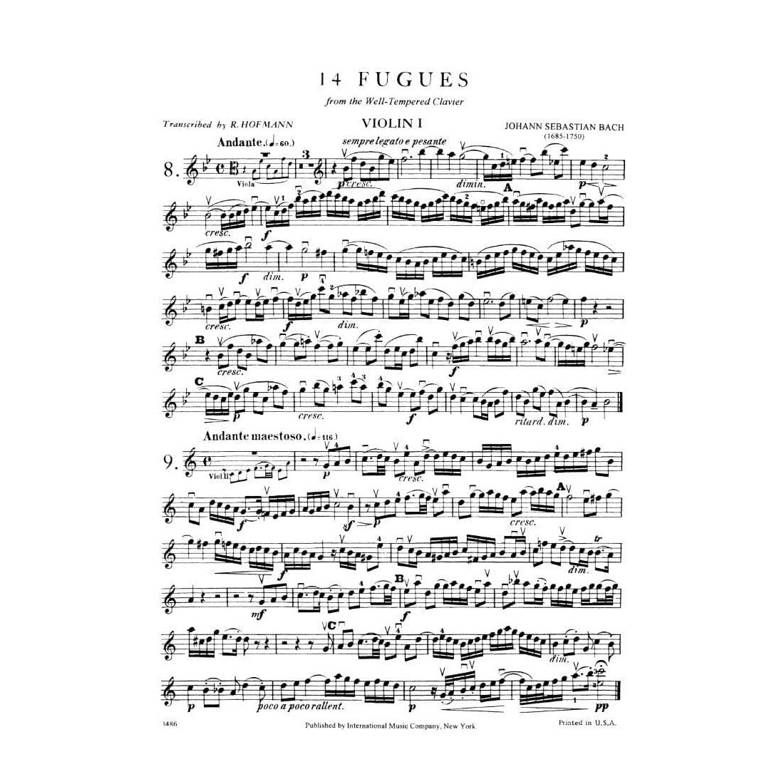 Bach, JS - 14 Fugues from Well-Tempered Clavier Volume 2 for Two Violins, Viola and Cello - Arranged by Hofmann - International Edition