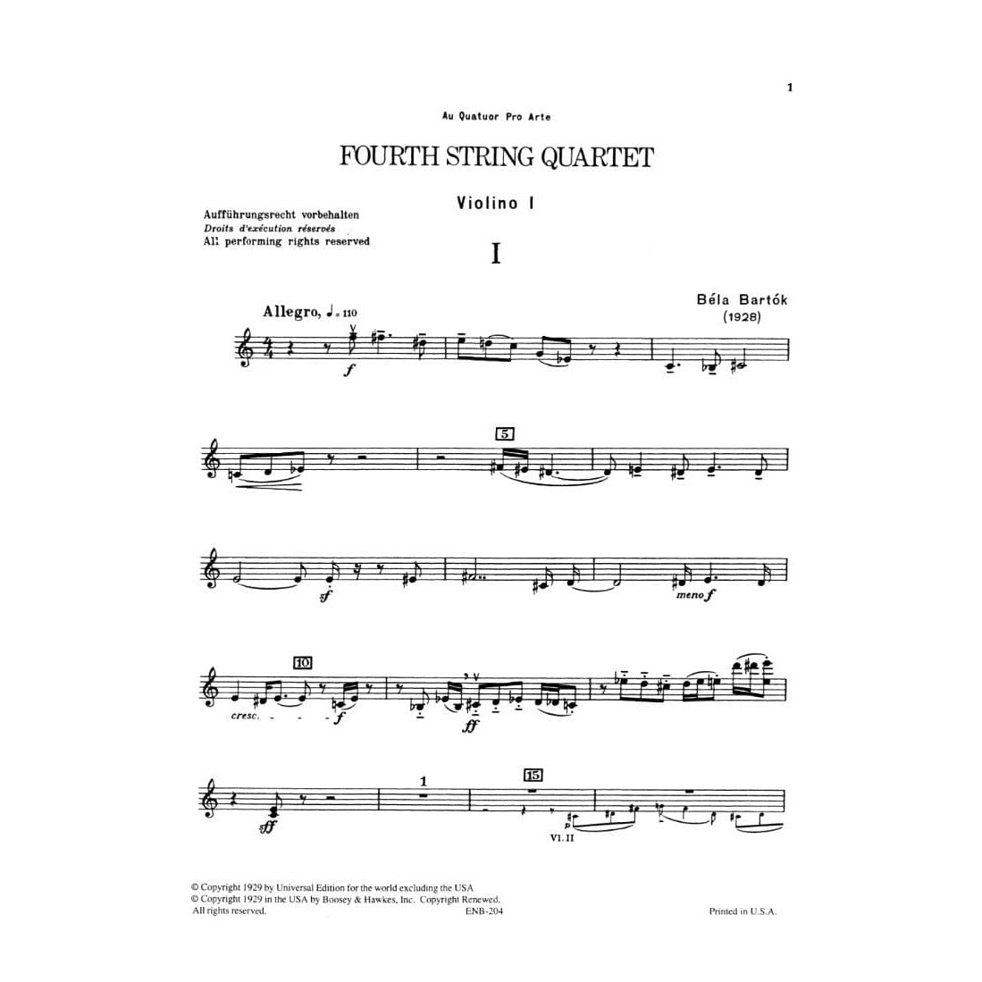 Bartók, Béla - Fourth String Quartet, Sz 95 - Set of Parts - Boosey & Hawkes Edition