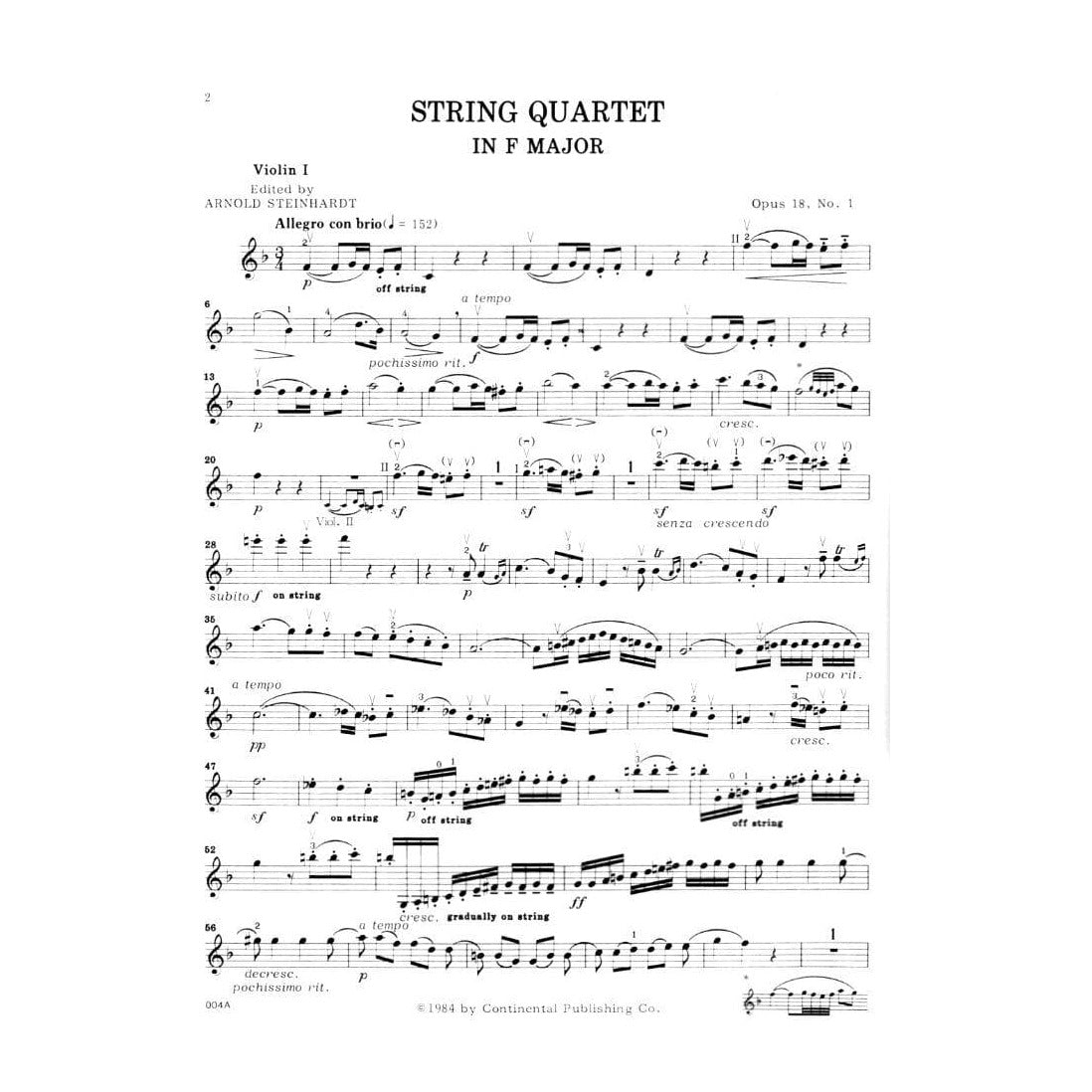 Beethoven, Ludwig - Six String Quartets, Op 18 - Two Violins, Viola and Cello - edited by the Guarneri Quartet - Continental Publication