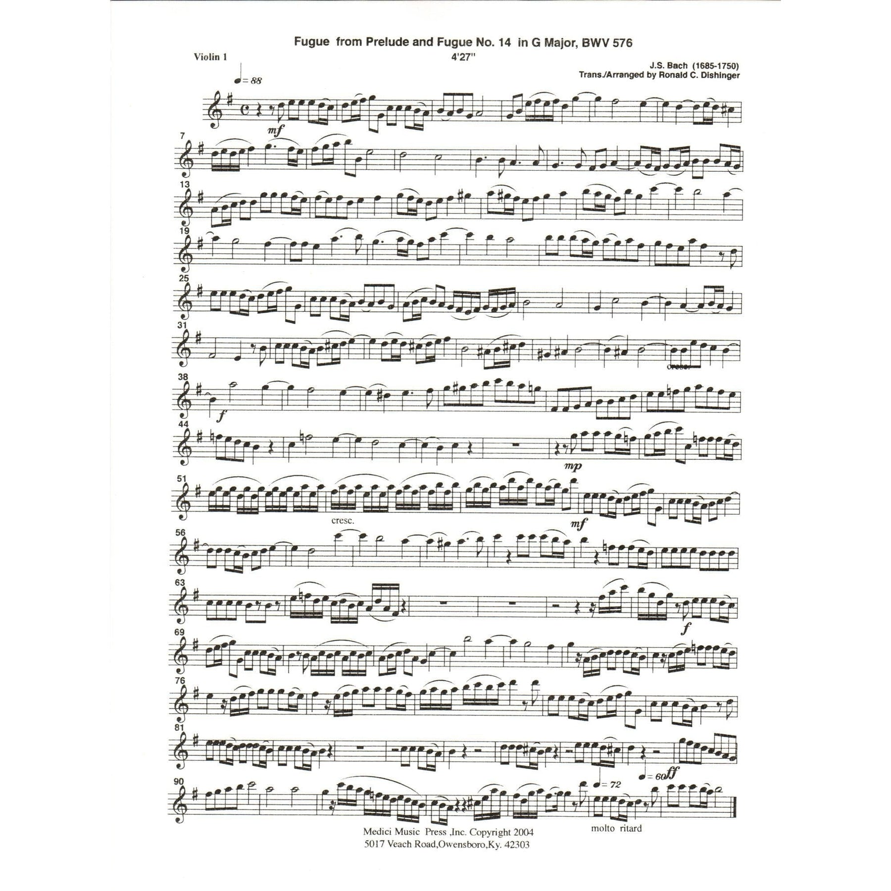 Bach, J.S. - Fugue from Prelude and Fugue in G Major (BWV 576) - for String Orchestra - arranged by Dishinger - Medici Music Press