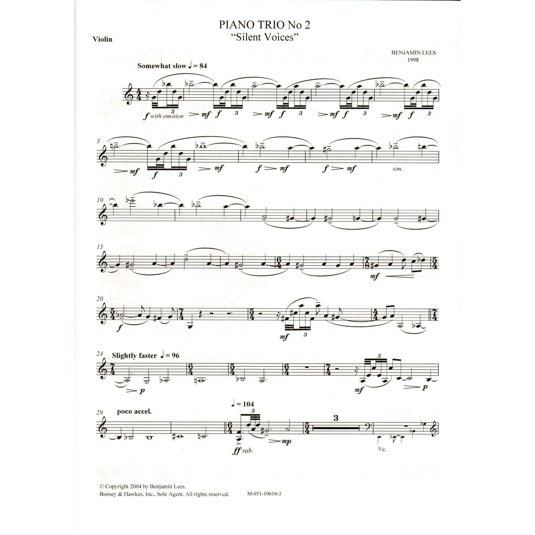 Lees, Benjamin - Piano Trio No. 2: "Silent Voices" - Violin, Cello, and Piano - Boosey & Hawkes Edition