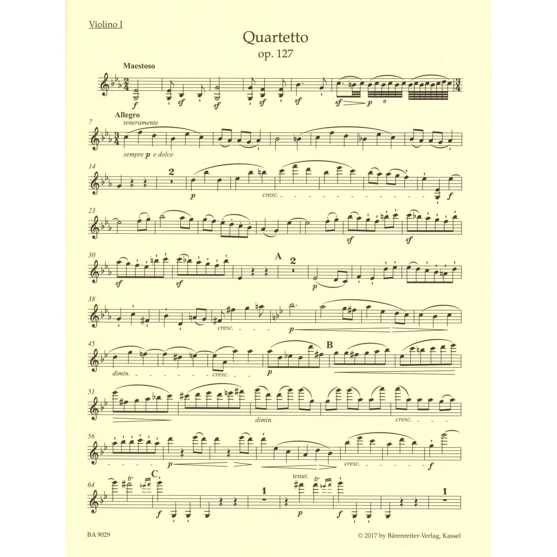 Beethoven, Ludwig van - String Quartet in E-flat major, op. 127 - Parts ONLY - edited by Jonathan Del Mar - Barenreiter URTEXT