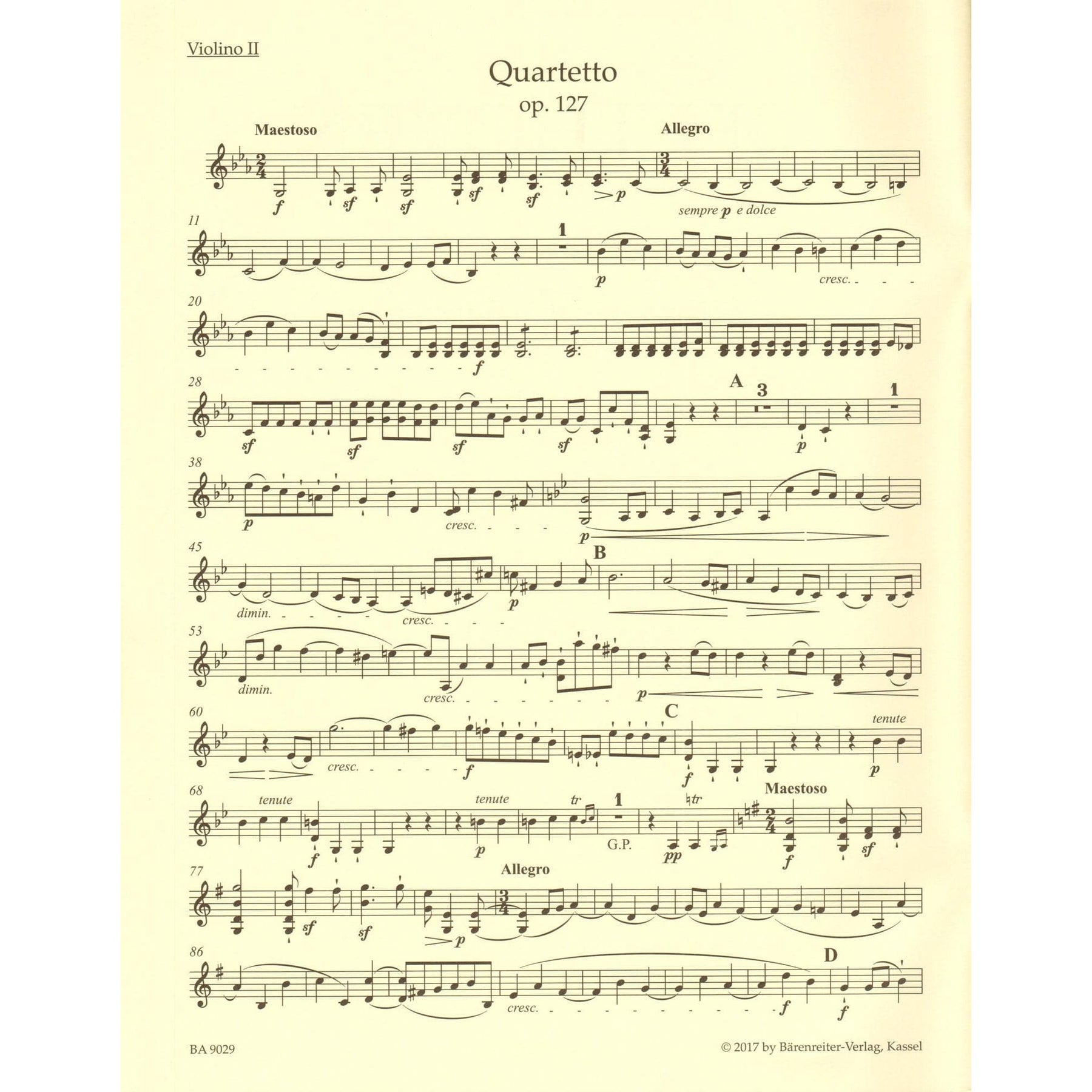 Beethoven, Ludwig van - String Quartet in E-flat major, op. 127 - Parts ONLY - edited by Jonathan Del Mar - Barenreiter URTEXT