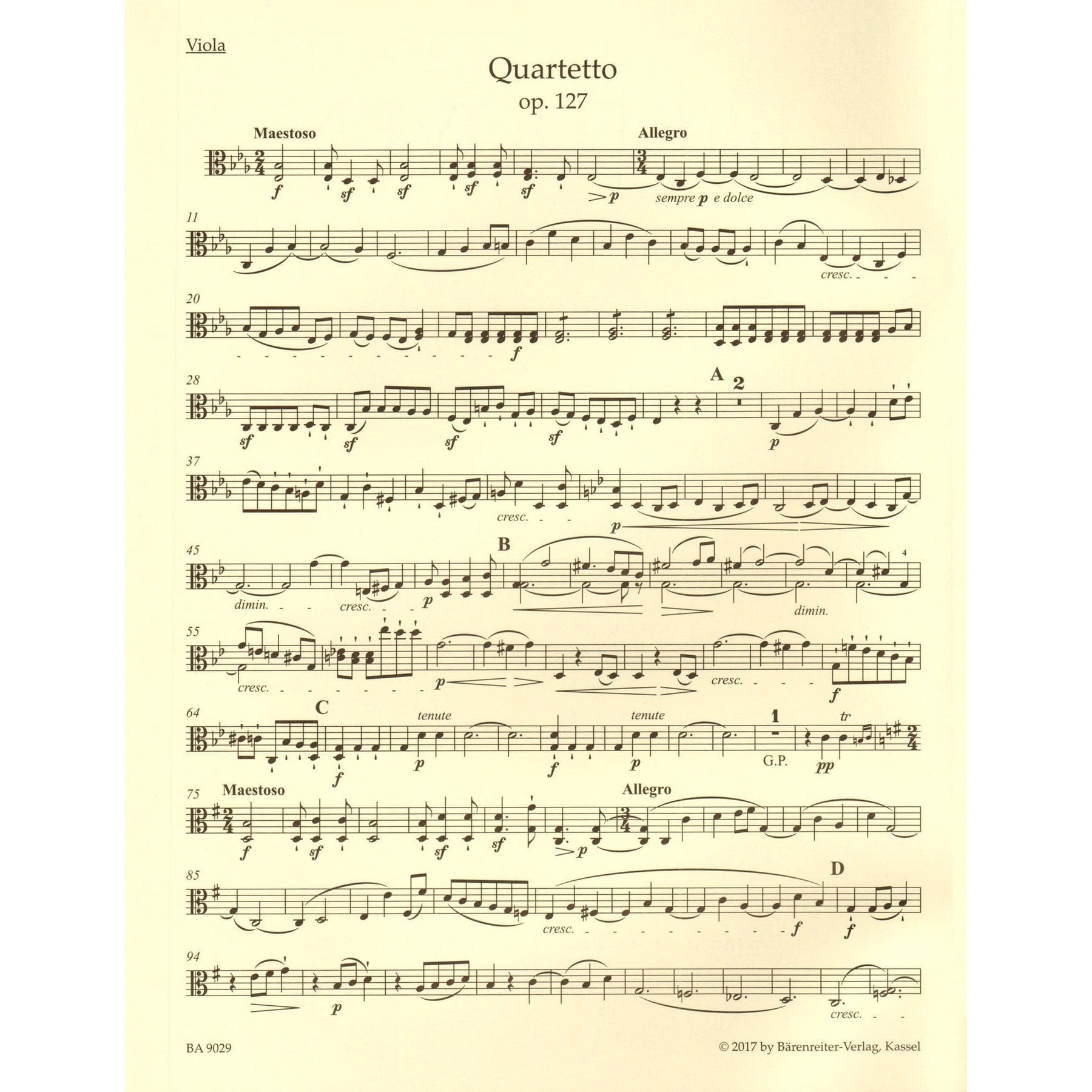 Beethoven, Ludwig van - String Quartet in E-flat major, op. 127 - Parts ONLY - edited by Jonathan Del Mar - Barenreiter URTEXT