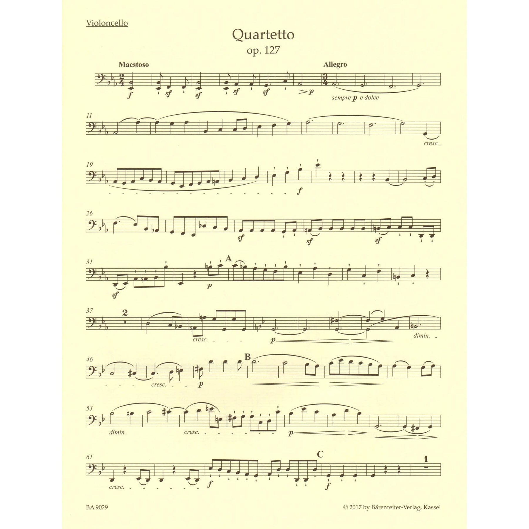 Beethoven, Ludwig van - String Quartet in E-flat major, op. 127 - Parts ONLY - edited by Jonathan Del Mar - Barenreiter URTEXT