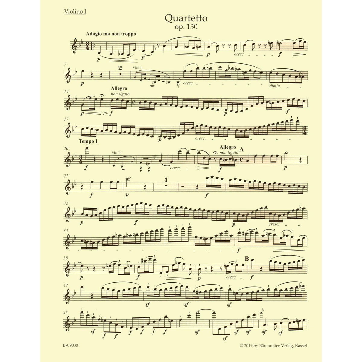 Beethoven, Ludwig - String Quartet in B-flat Major, Op 130 - Parts ONLY - edited by Jonathan Del Mar - Barenreiter URTEXT