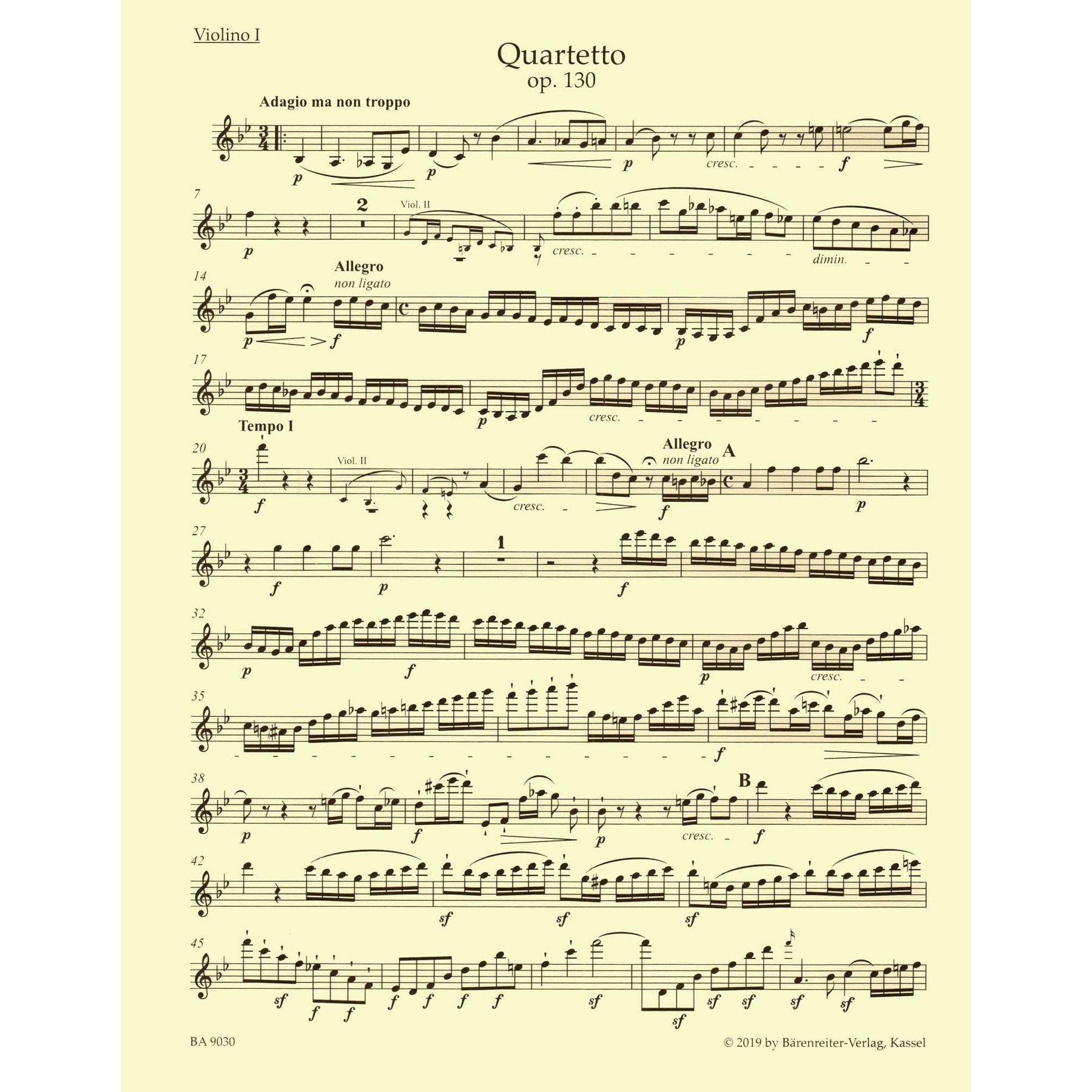 Beethoven, Ludwig - String Quartet in B-flat Major, Op 130 - Parts ONLY - edited by Jonathan Del Mar - Barenreiter URTEXT