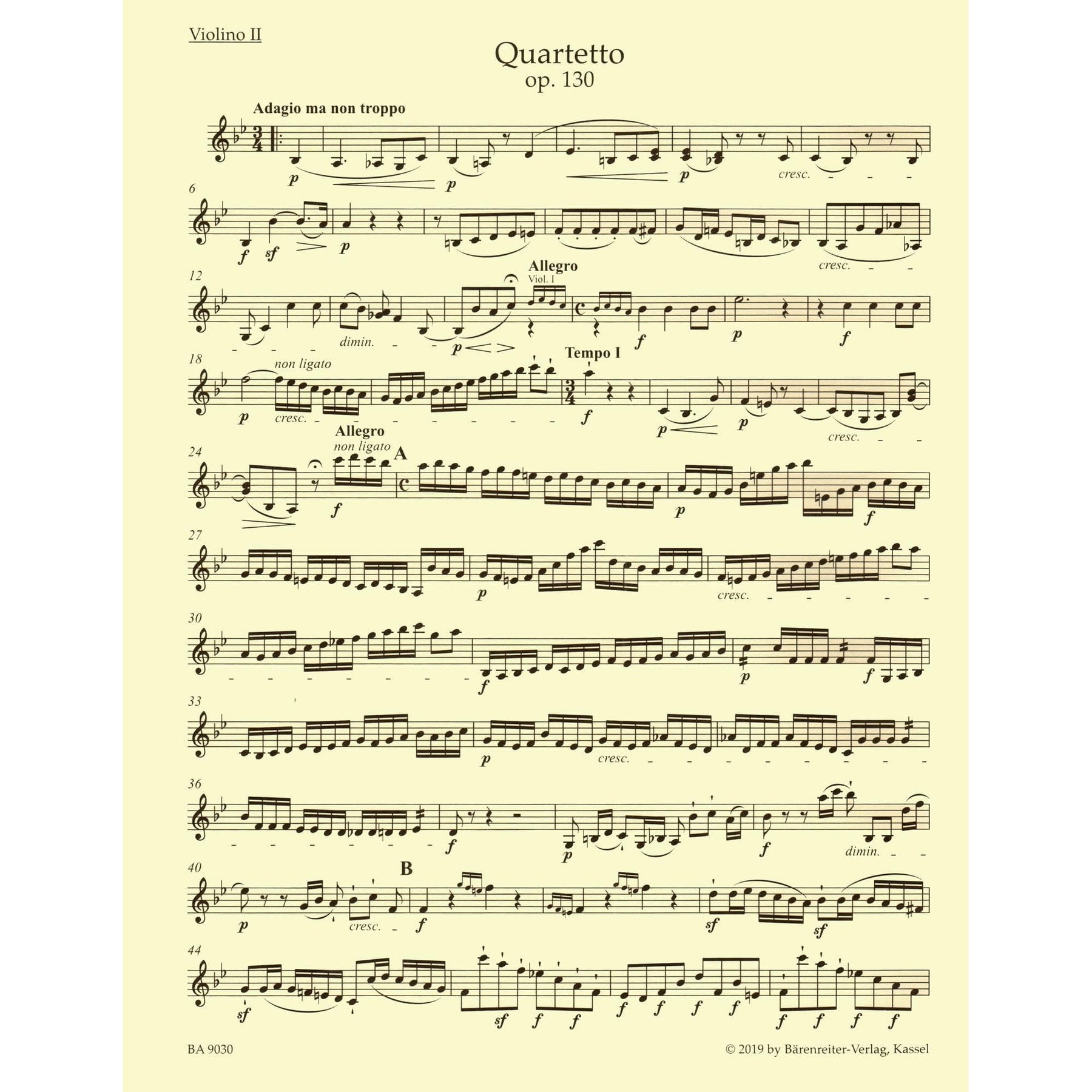 Beethoven, Ludwig - String Quartet in B-flat Major, Op 130 - Parts ONLY - edited by Jonathan Del Mar - Barenreiter URTEXT