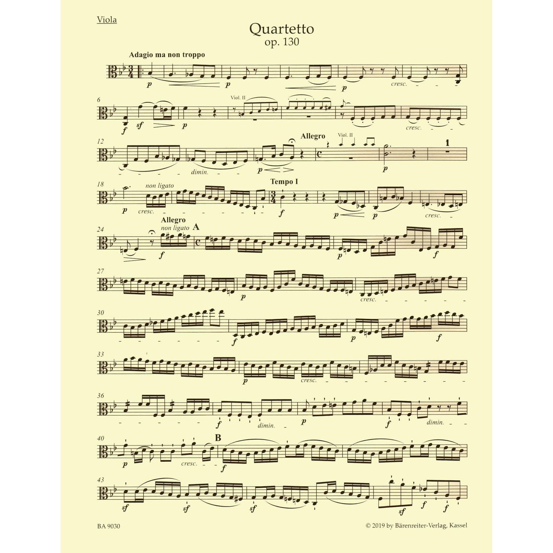 Beethoven, Ludwig - String Quartet in B-flat Major, Op 130 - Parts ONLY - edited by Jonathan Del Mar - Barenreiter URTEXT