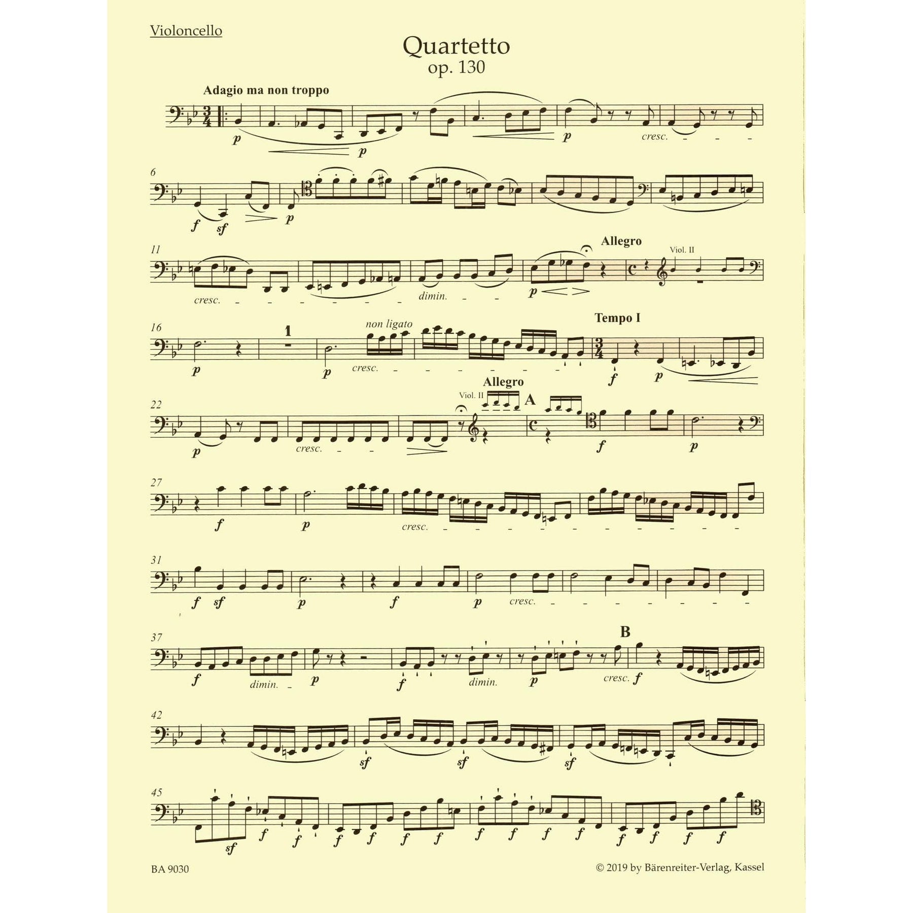 Beethoven, Ludwig - String Quartet in B-flat Major, Op 130 - Parts ONLY - edited by Jonathan Del Mar - Barenreiter URTEXT
