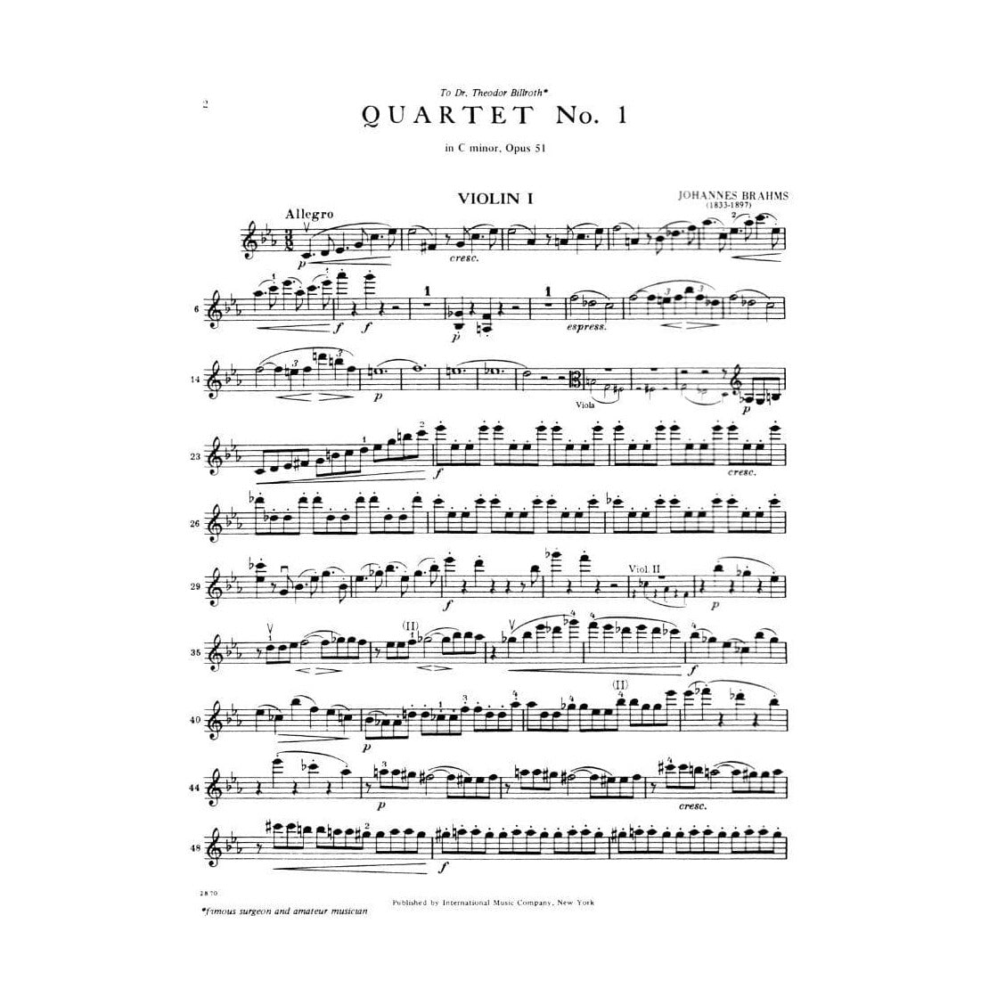 Brahms, Johannes - 3 Quartets Op 51 and 67 Parts for Two Violins, Viola and Cello - International Edition