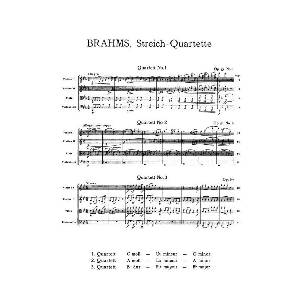 Brahms, Johannes - 3 Quartets Op 51 and 67 for Two Violins, Viola and Cello - Arranged by the  Gewandhaus Quartet - Peters Edition