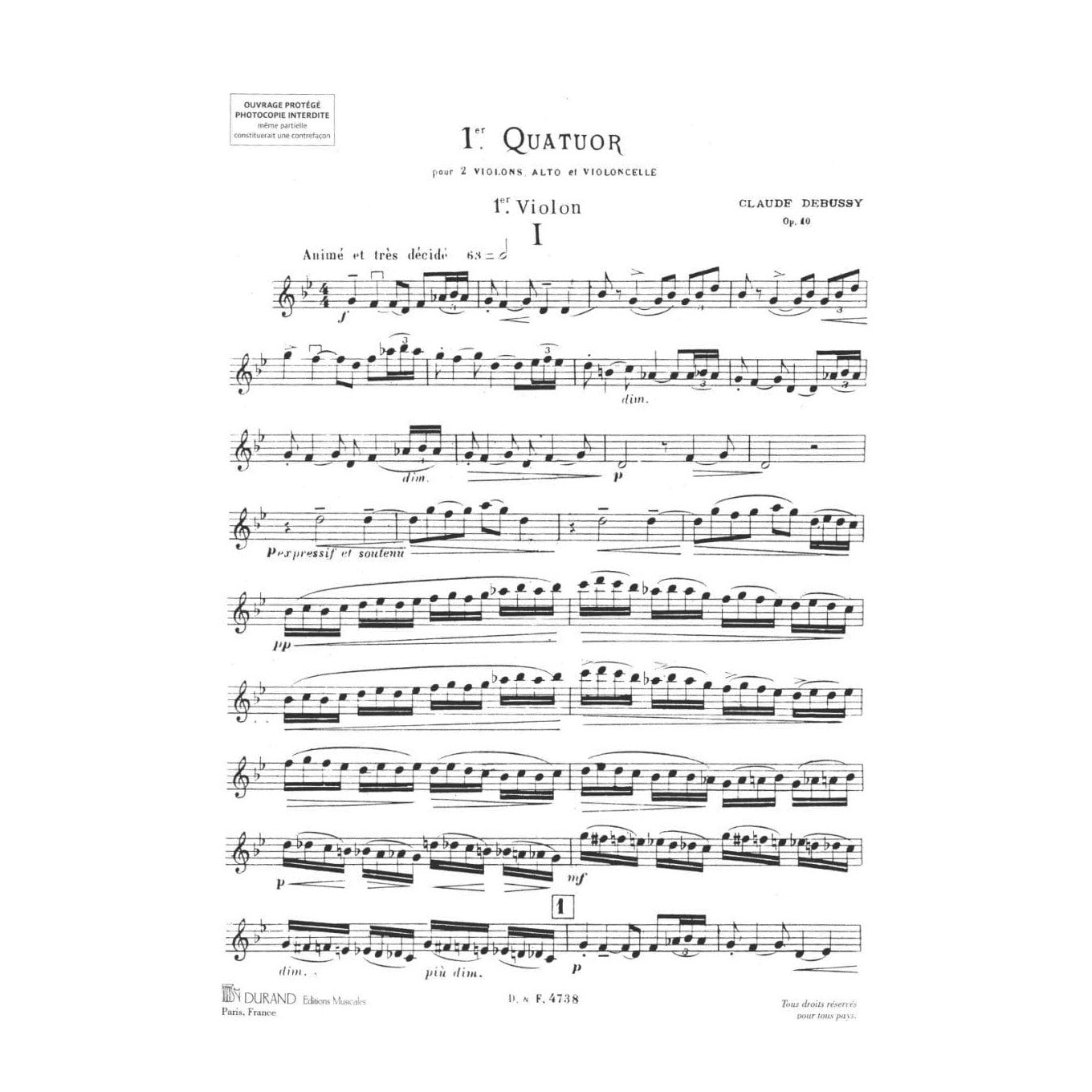 Debussy, Claude - String Quartet in G minor, Op 10 - for Two Violins, Viola, and Cello - Durand Edition