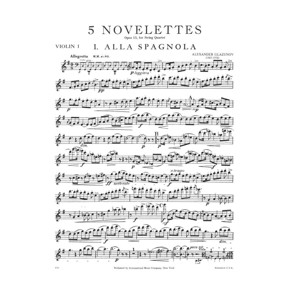 Glazunov, Alexander - Five Novelettes, Op 15 - String Quartet - International Edition