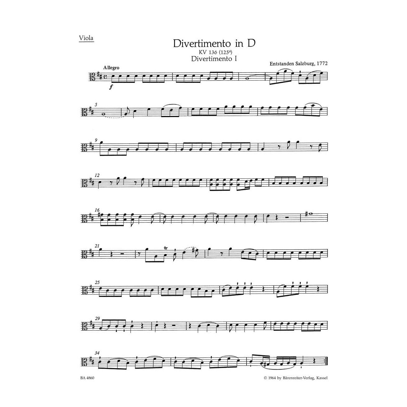 Mozart, WA - Three Divertimenti for String Quartet, K 136, 137, 138 - Two Violins, Viola, and Cello - edited by Karl Heinz Füssl - Bärenreiter Verlag URTEXT
