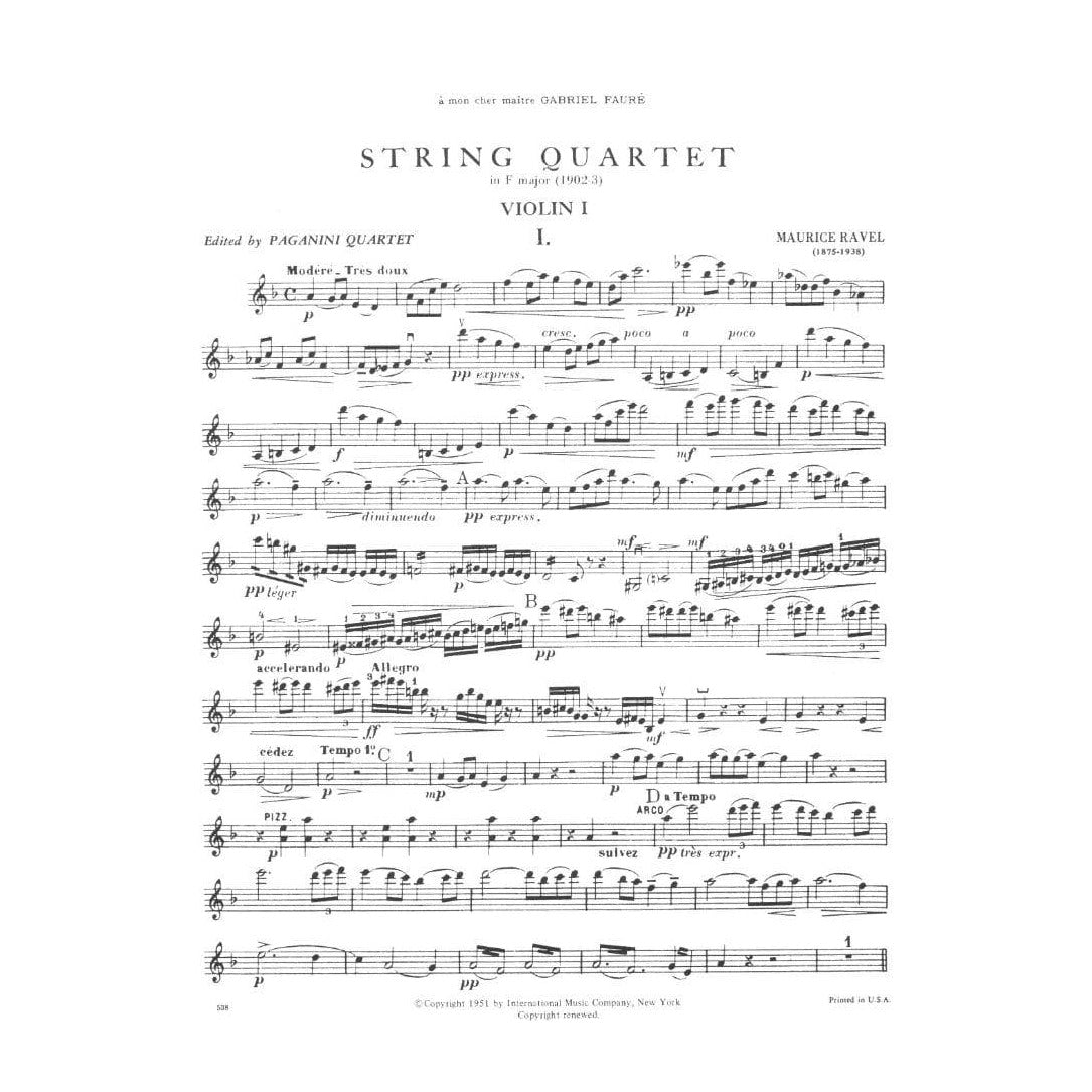 Ravel, Maurice - String Quartet in F Major - Two Violins, Viola, and Cello - Parts - edited by the Paganini Quartet - International Music Company