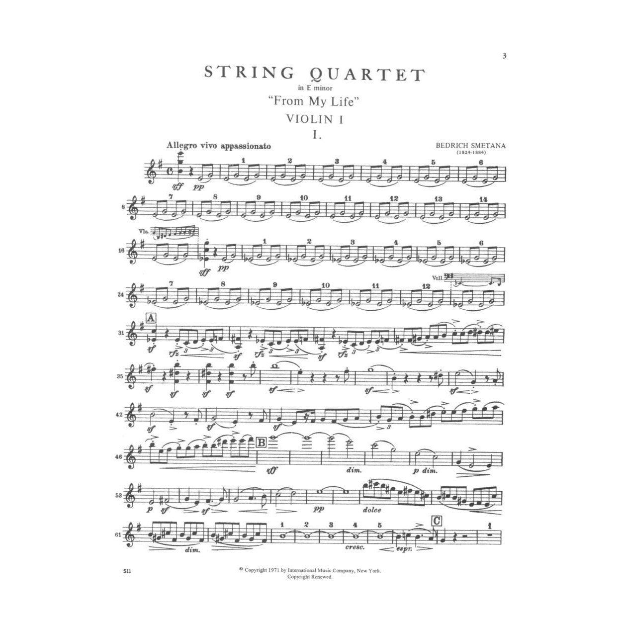 Smetana, Bed?ich - Quartet No 1 in e minor From My Life Published by International Music Company