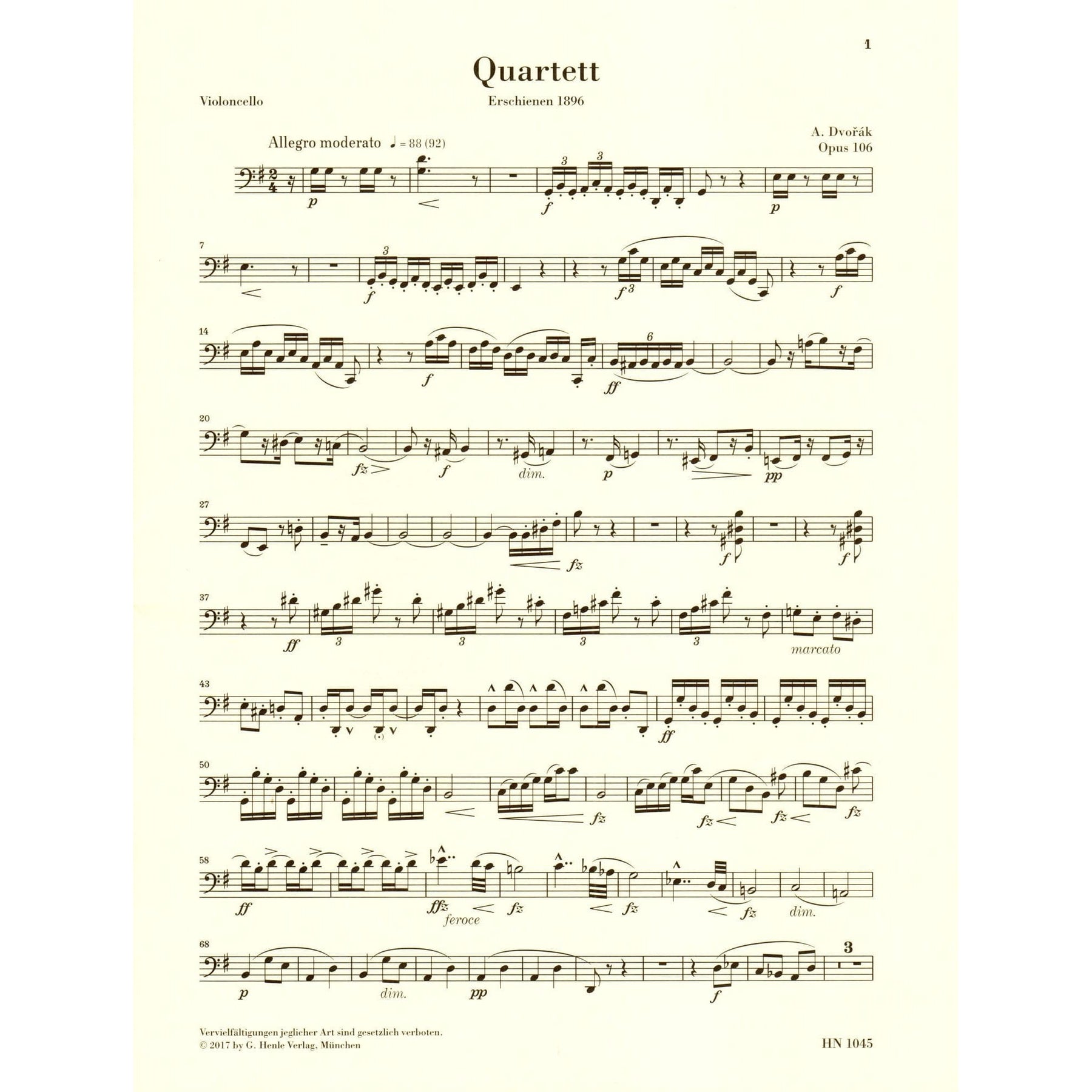 Dvorak, Antonin - String Quartet in G major - Opus 106 - Parts Only - Edited by Peter Jost - G Henle Verlag URTEXT