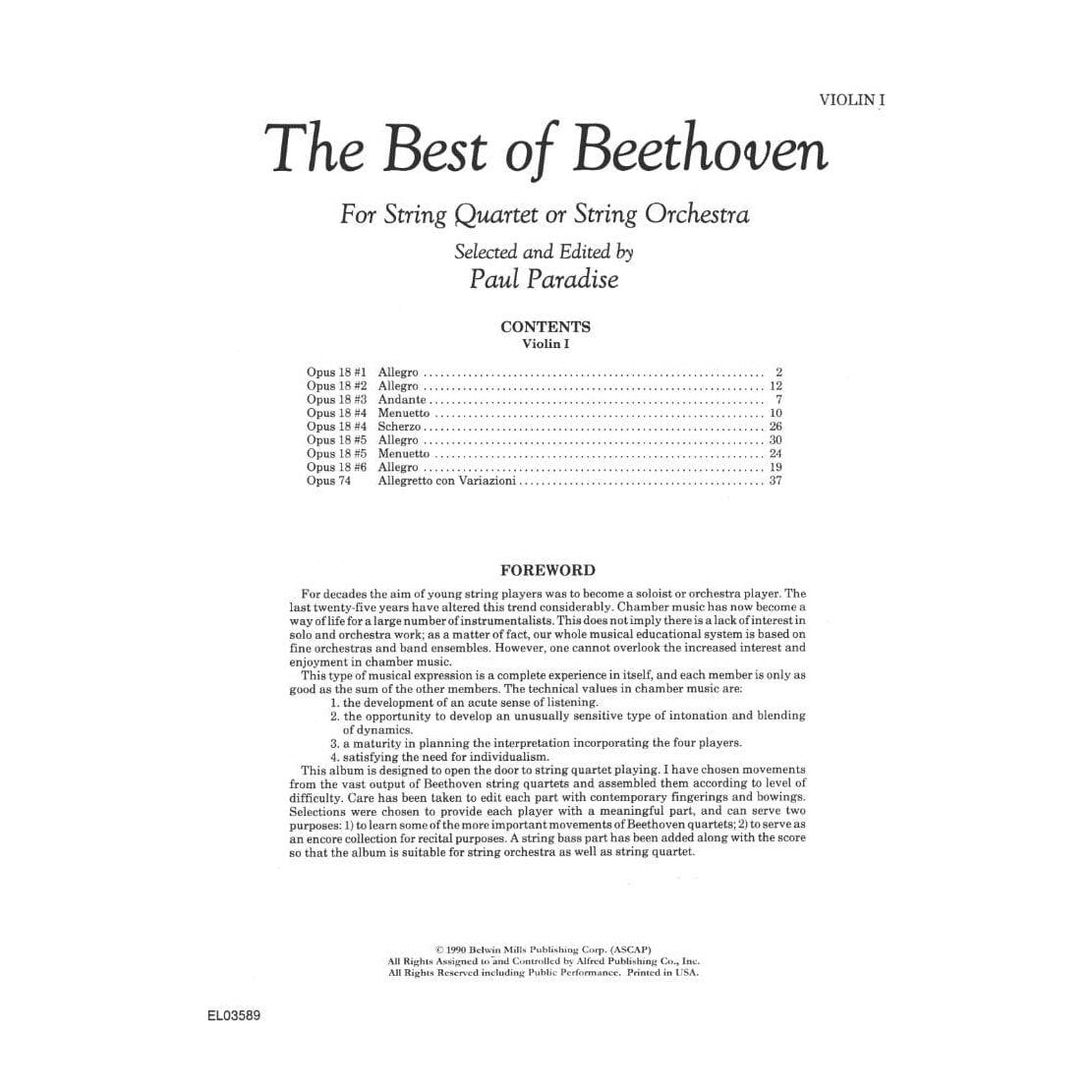 Beethoven, Ludwig - The Best of Beethoven - for String Quartet or String Orchestra - Violin 1 part - edited by Paul Paradise - Belwin-Mills Publishing