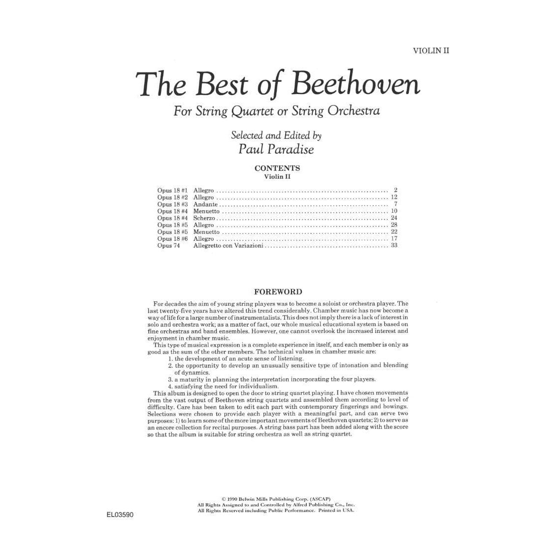 Beethoven, Ludwig - The Best of Beethoven - for String Quartet or String Orchestra - Violin 2 part - edited by Paul Paradise - Belwin-Mills Publishing