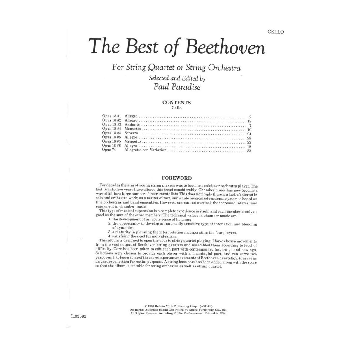 Beethoven, Ludwig - The Best of Beethoven - for String Quartet or String Orchestra - Cello part - edited by Paul Paradise - Belwin-Mills Publishing