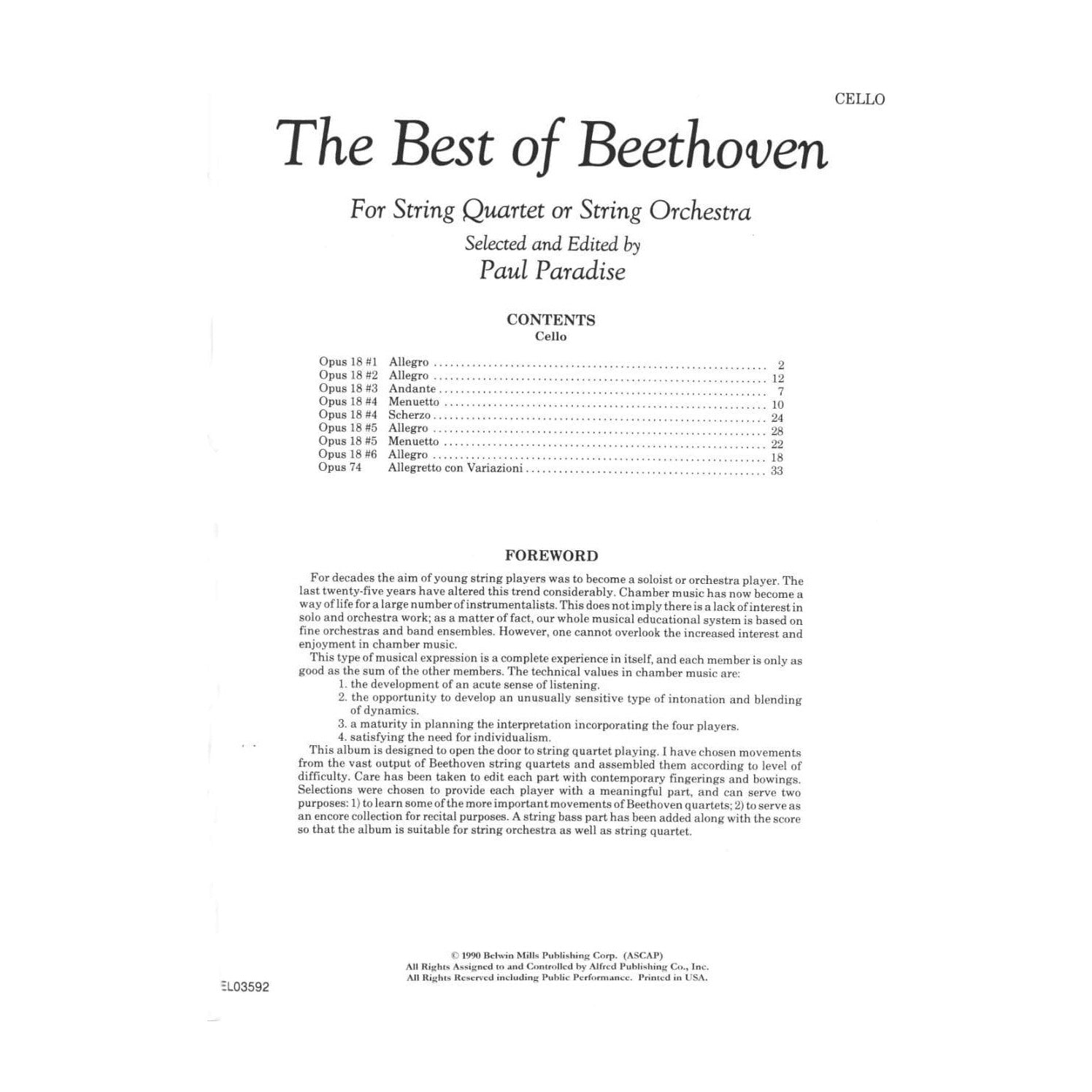 Beethoven, Ludwig - The Best of Beethoven - for String Quartet or String Orchestra - Cello part - edited by Paul Paradise - Belwin-Mills Publishing