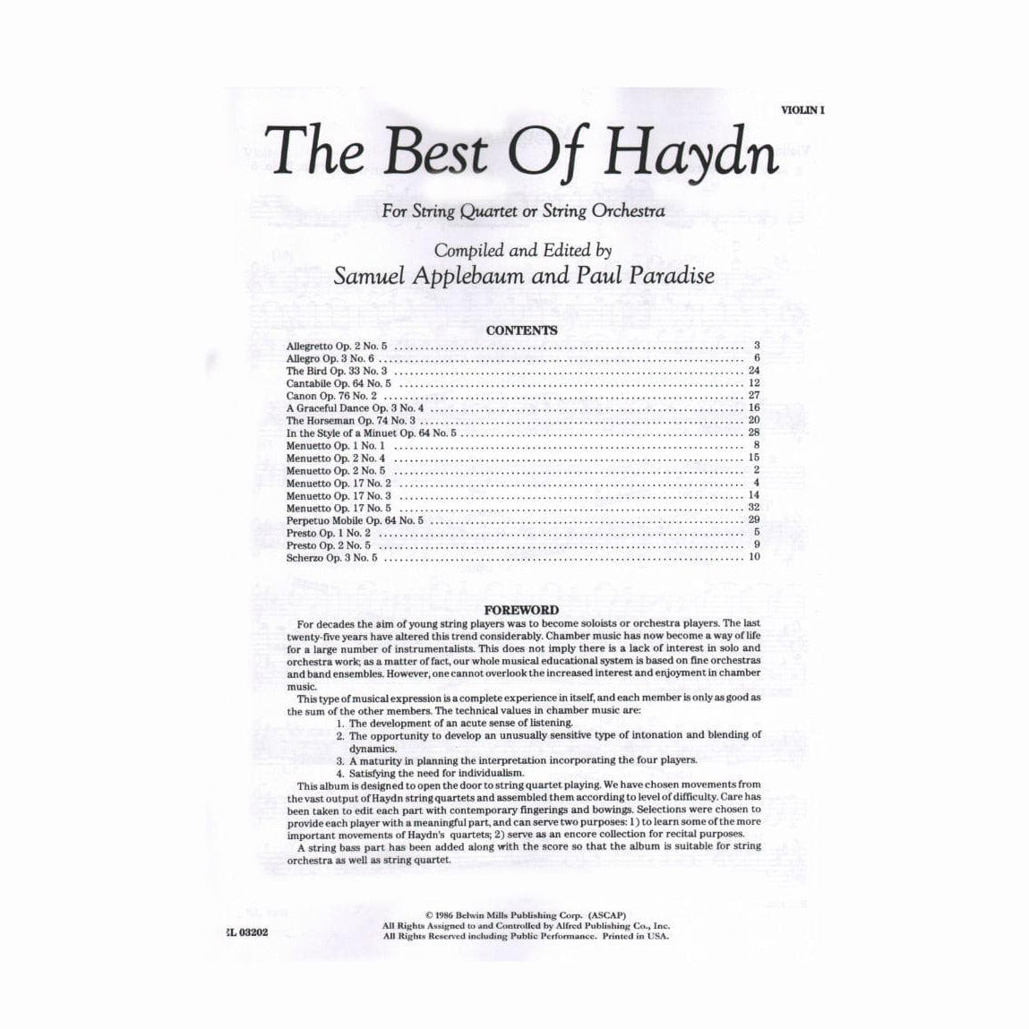 Haydn, Franz Joseph - The Best of Haydn - for String Quartet or Orchestra - Violin 1 part - edited by Samuel Applebaum and Paul Paradise - Belwin-Mills Publishing