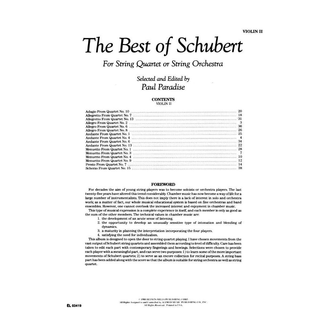 Schubert, Franz - The Best of Schubert - for String Quartet or String Orchestra - Violin 2 part - edited by Paul Paradise - Belwin-Mills Publishing