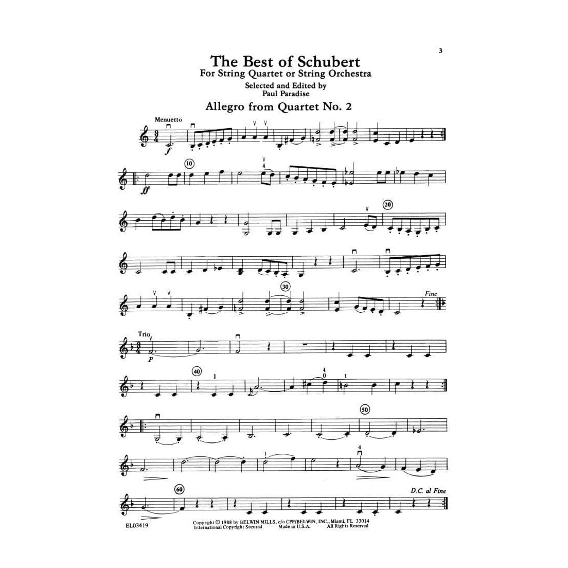 Schubert, Franz - The Best of Schubert - for String Quartet or String Orchestra - Violin 2 part - edited by Paul Paradise - Belwin-Mills Publishing