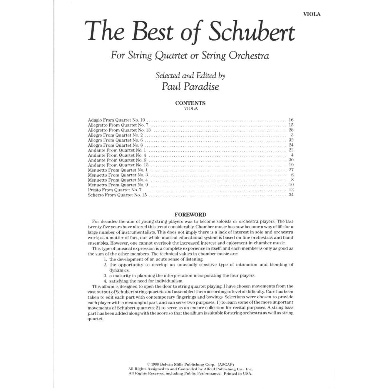 Schubert, Franz - The Best of Schubert - for String Quartet or String Orchestra - Viola part - edited by Paul Paradise - Belwin-Mills Publishing