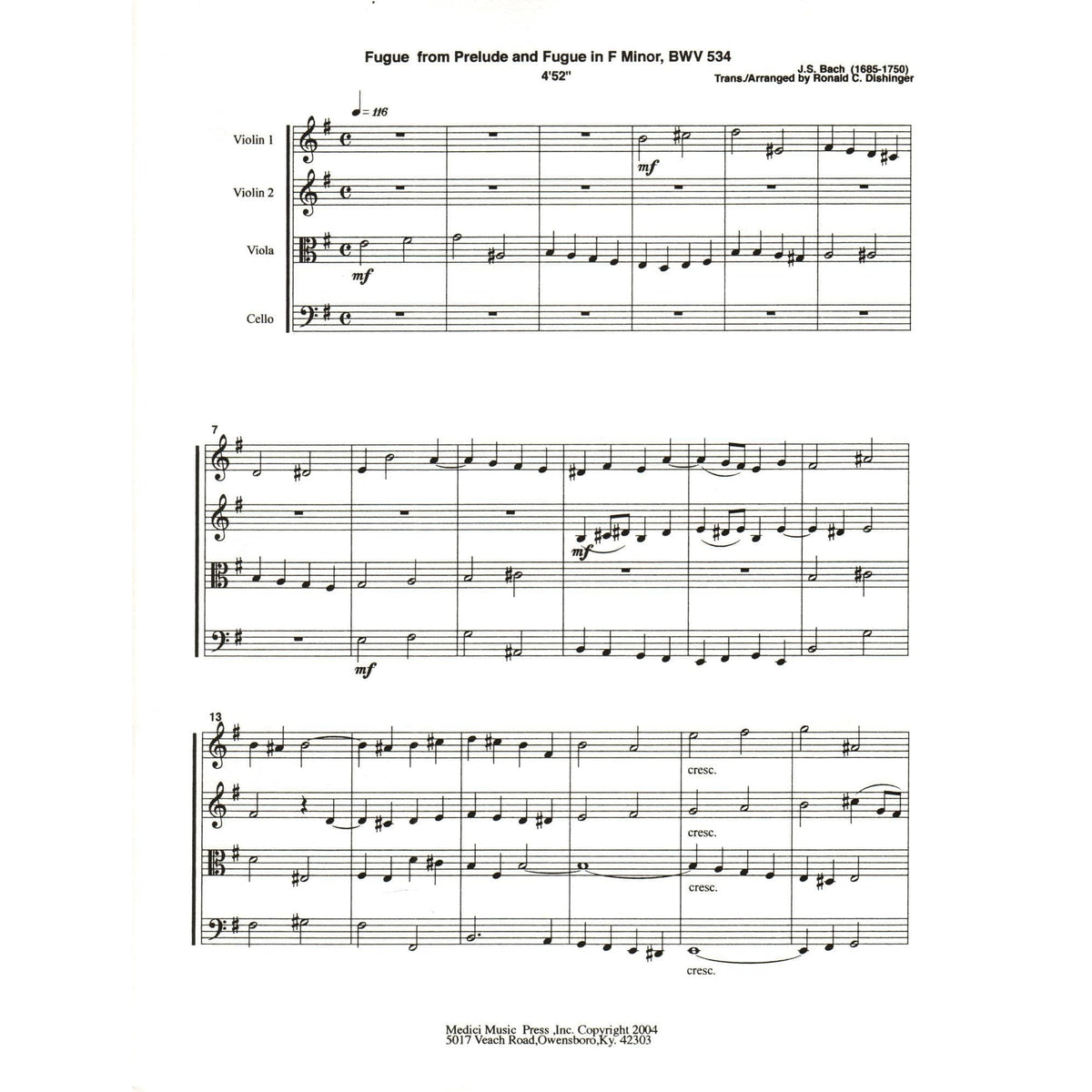 Bach, J.S. - Fugue from Prelude and Fugue (BWV 534) - for String Quartet - arranged by Dishinger - Medici Music Press