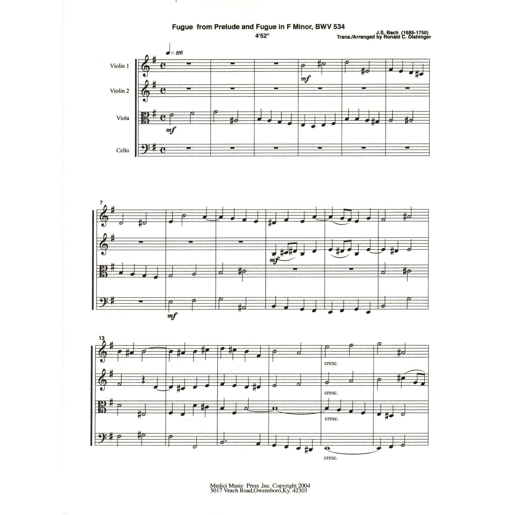 Bach, J.S. - Fugue from Prelude and Fugue (BWV 534) - for String Quartet - arranged by Dishinger - Medici Music Press