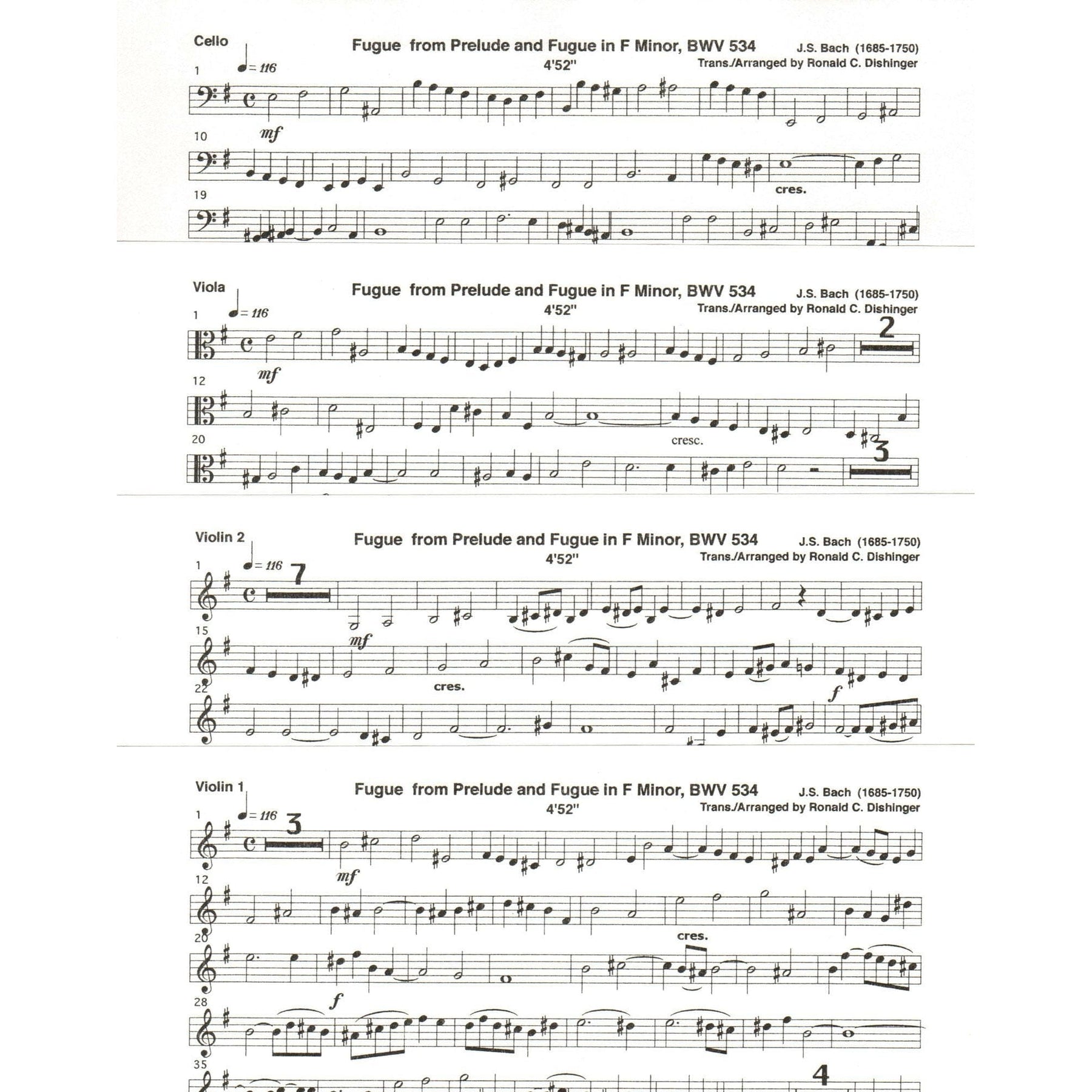 Bach, J.S. - Fugue from Prelude and Fugue (BWV 534) - for String Quartet - arranged by Dishinger - Medici Music Press