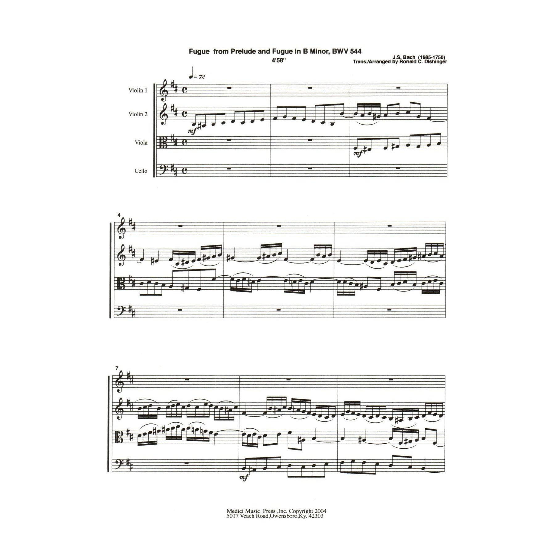 Bach, J.S. - Fugue from Prelude and Fugue in B Minor (BWV 544) - for String Quartet - arranged by Dishinger - Medici Music Press