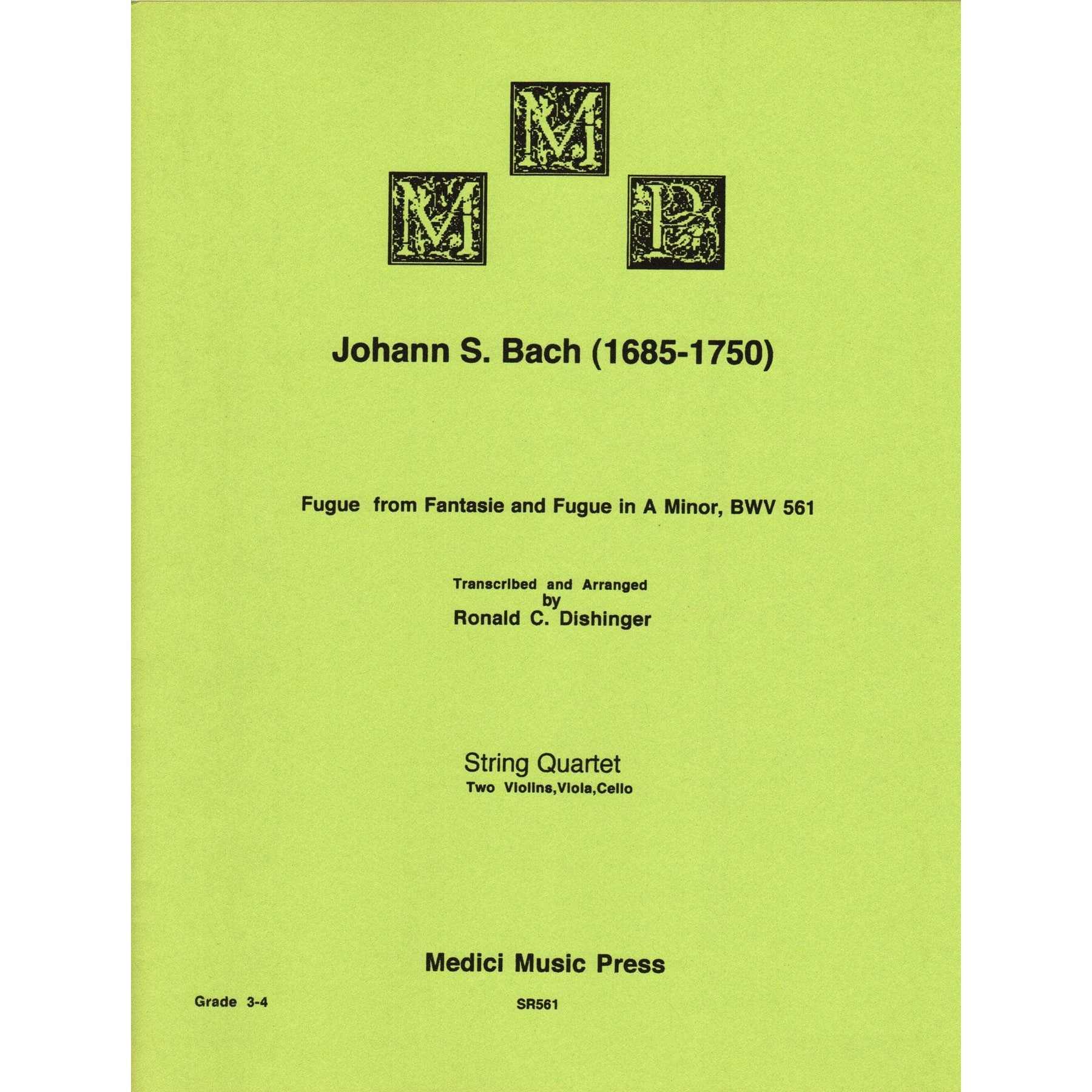 Bach, J.S. - Fugue from Fantasy and Fugue in A Minor (BWV 561) - for String Quartet - arranged by Dishinger - Medici Music Press
