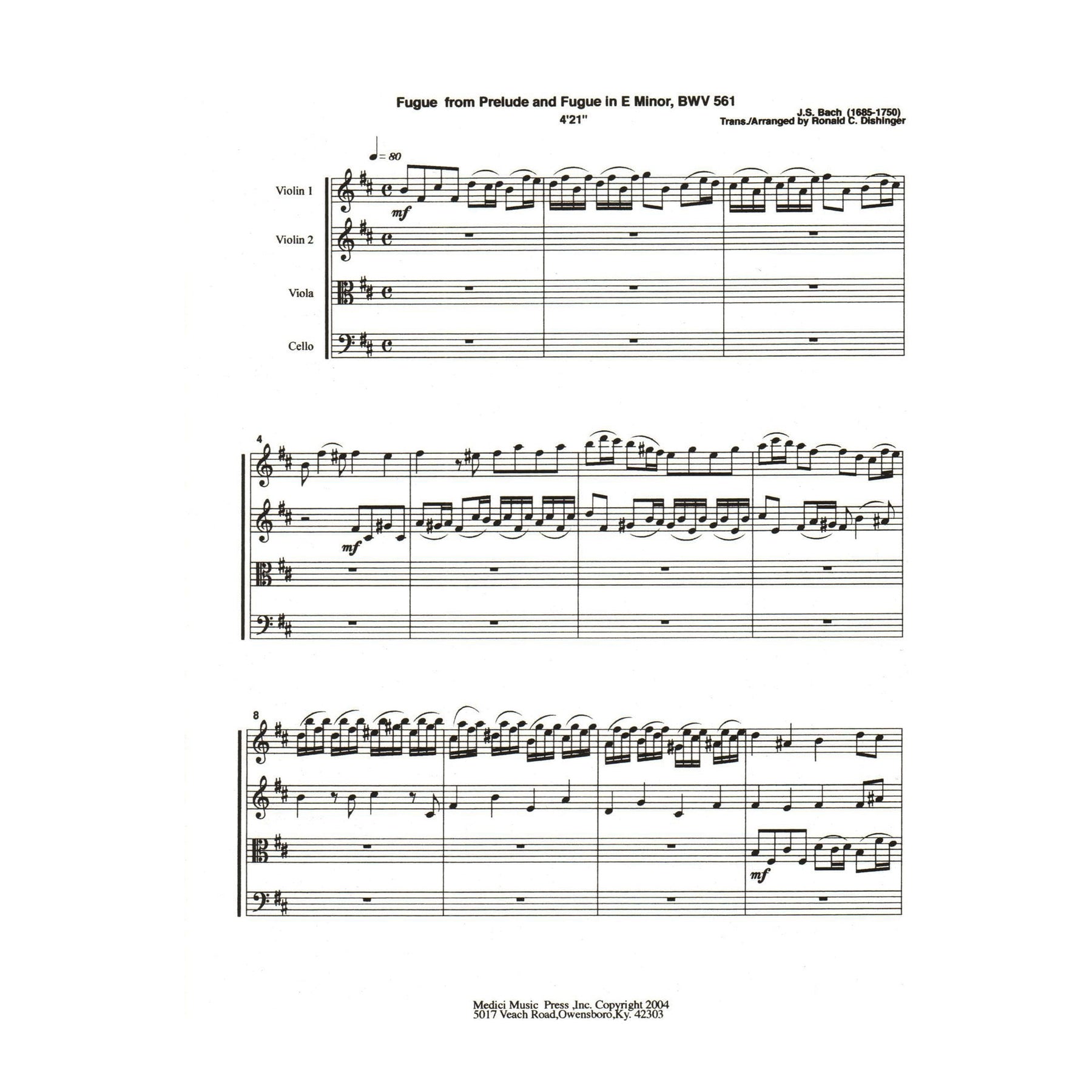 Bach, J.S. - Fugue from Fantasy and Fugue in A Minor (BWV 561) - for String Quartet - arranged by Dishinger - Medici Music Press