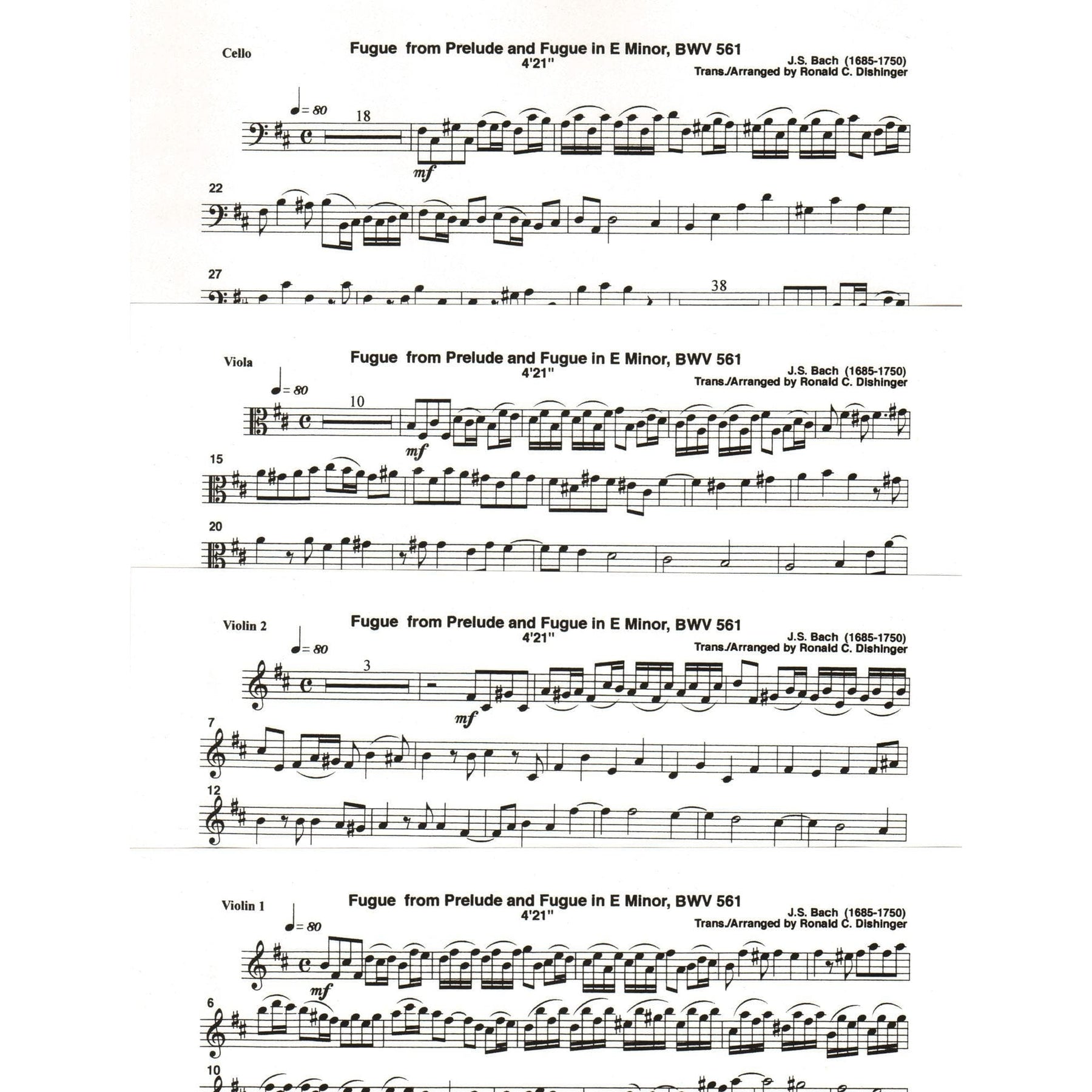 Bach, J.S. - Fugue from Fantasy and Fugue in A Minor (BWV 561) - for String Quartet - arranged by Dishinger - Medici Music Press