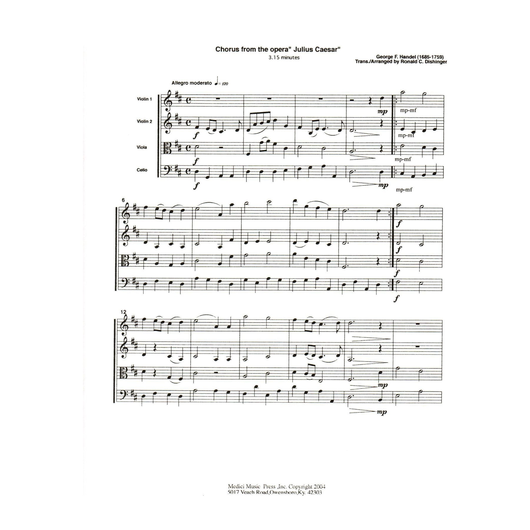 Handel, George Friderich - Chorous from "Julius Caesar" - for String Quartet - arranged by Ronald C. Dishinger - Medici Music Press