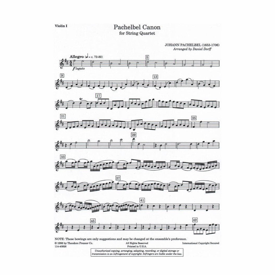 Pachelbel, Johann - Canon For String Quartet Arranged by Daniel Dorff Published by Theodore Presser Company