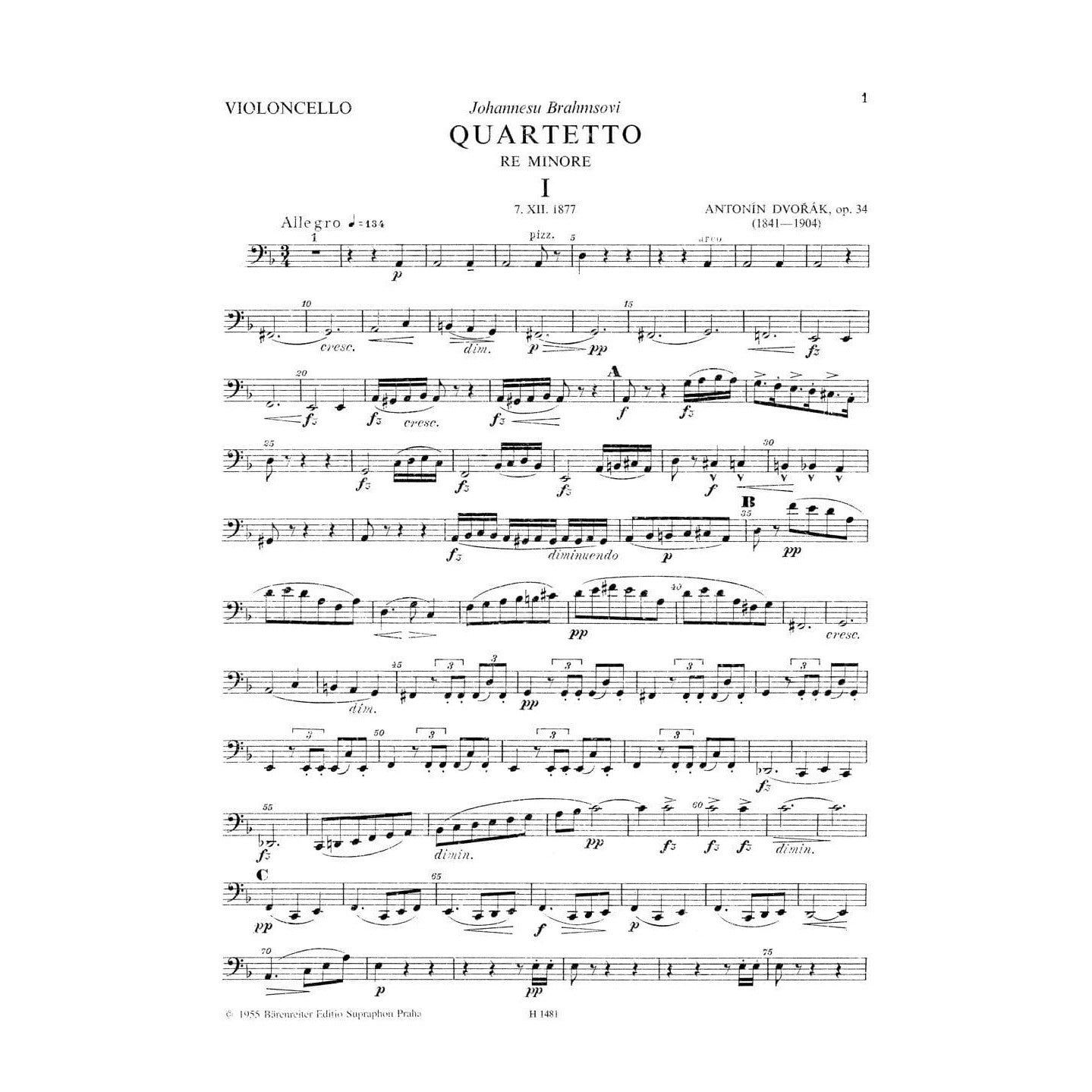 Dvorák, Antonín - Quartet No 9 in d minor, Op 34 - Two Violins, Viola, and Cello - Bärenreiter Verlag URTEXT