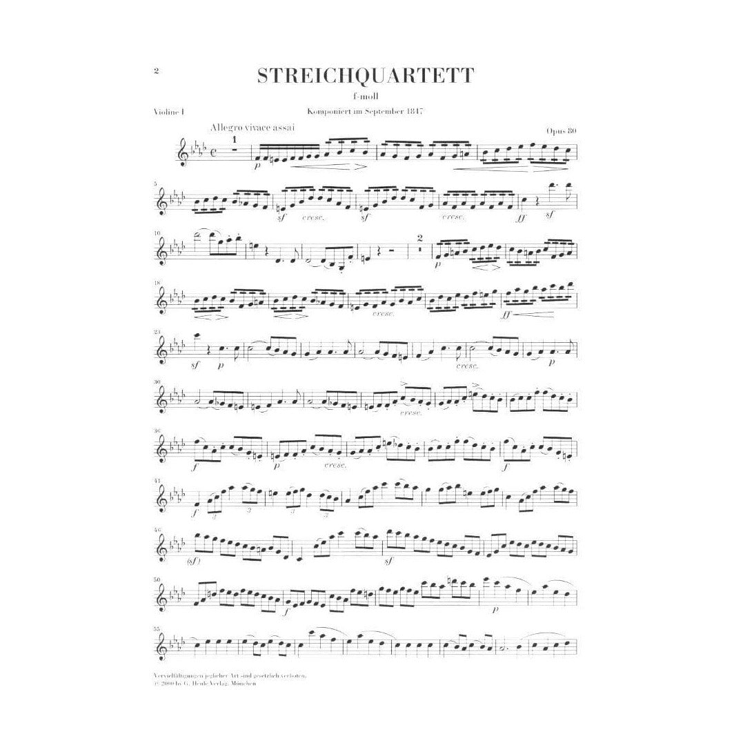 Mendelssohn, Felix - String Quartet in f minor, Op post 80 - Two Violins, Viola, and Cello - G Henle Verlag URTEXT