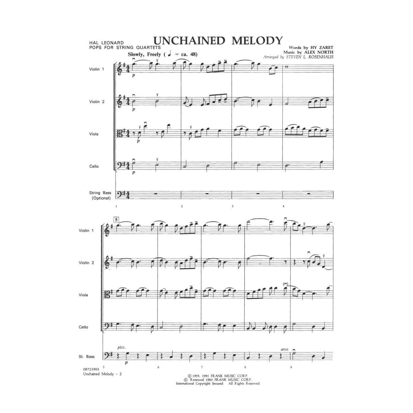 Unchained Melody - For String Quartet, with optional Bass part Score and Parts Arranged by Rosenhaus Published by Hal Leonard