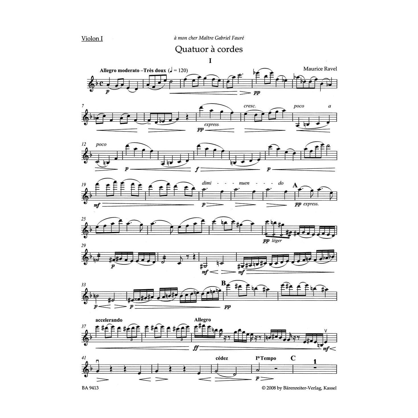 Ravel, Maurice - String Quartet in F Major - Two Violins, Viola, and Cello - Parts - edited by Juliette Appold - Bärenreiter Verlag URTEXT