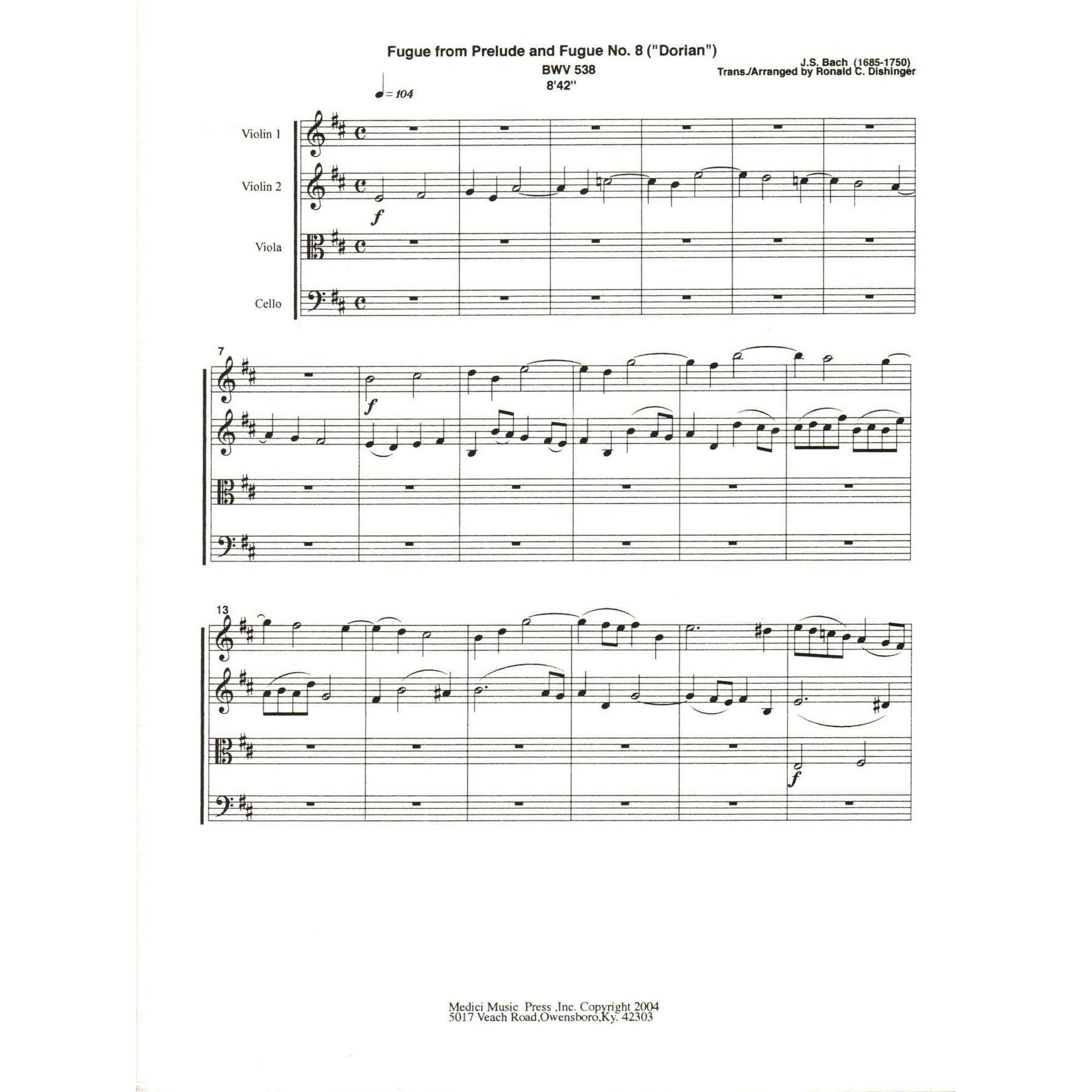 Bach, J.S. - Fugue from Prelude and Fugue (Dorian), BWV 538 - for String Quartet - arranged by Dishinger - Medici Music Press