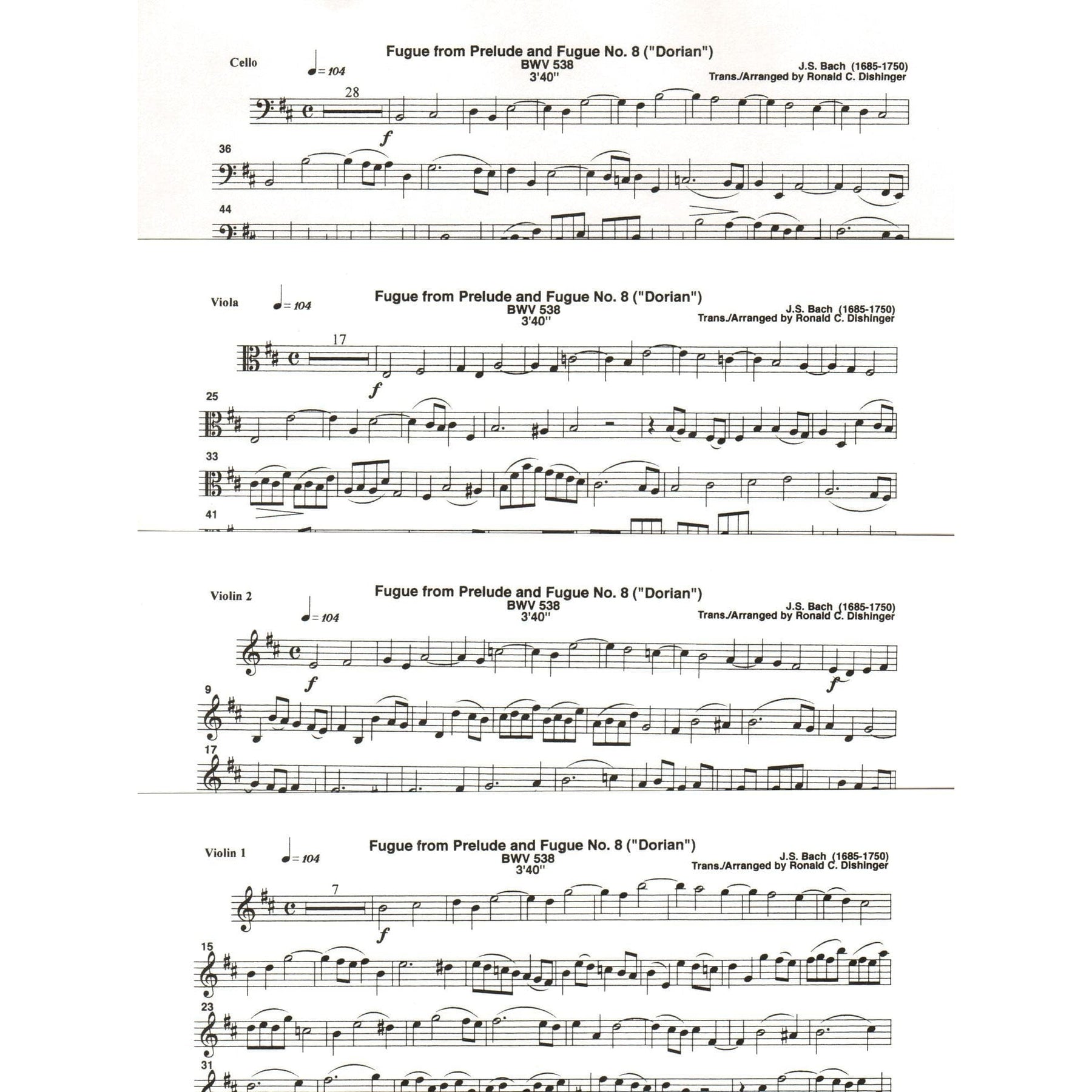 Bach, J.S. - Fugue from Prelude and Fugue (Dorian), BWV 538 - for String Quartet - arranged by Dishinger - Medici Music Press