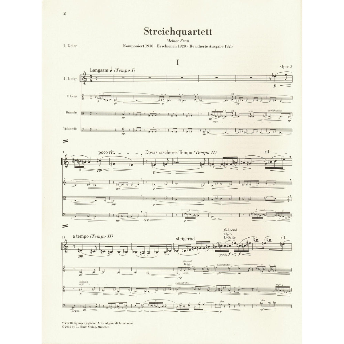 Berg, Alban - String Quartet, Op. 3 - with Parts in Score Form - edited by Ulrich Scheideler - G. Henle Verlag URTEXT