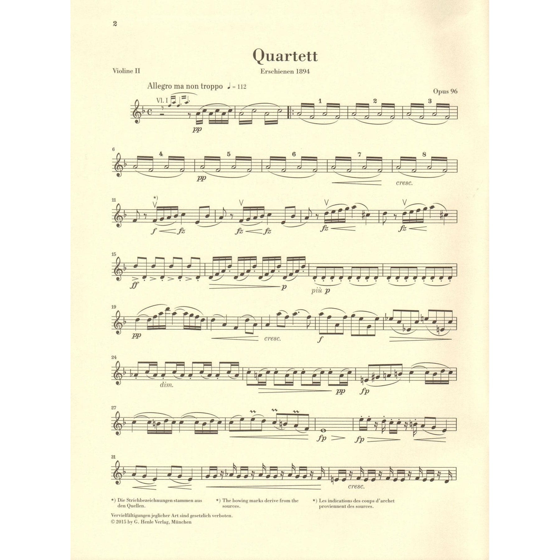 Dvorak, Antonin - String Quartet in F major - Opus 96 - Parts Only - Edited by Peter Jost - G Henle Verlag URTEXT