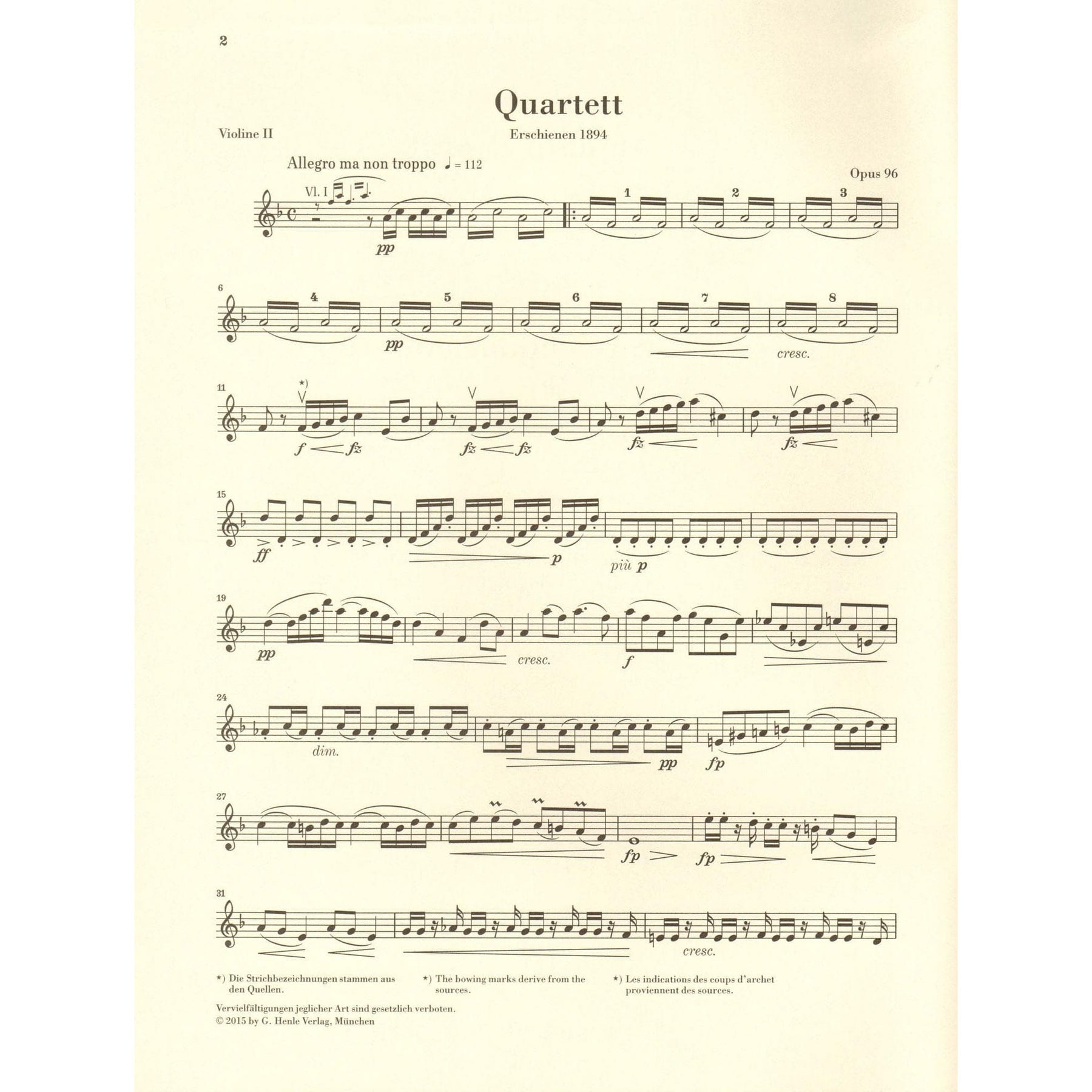 Dvorak, Antonin - String Quartet in F major - Opus 96 - Parts Only - Edited by Peter Jost - G Henle Verlag URTEXT