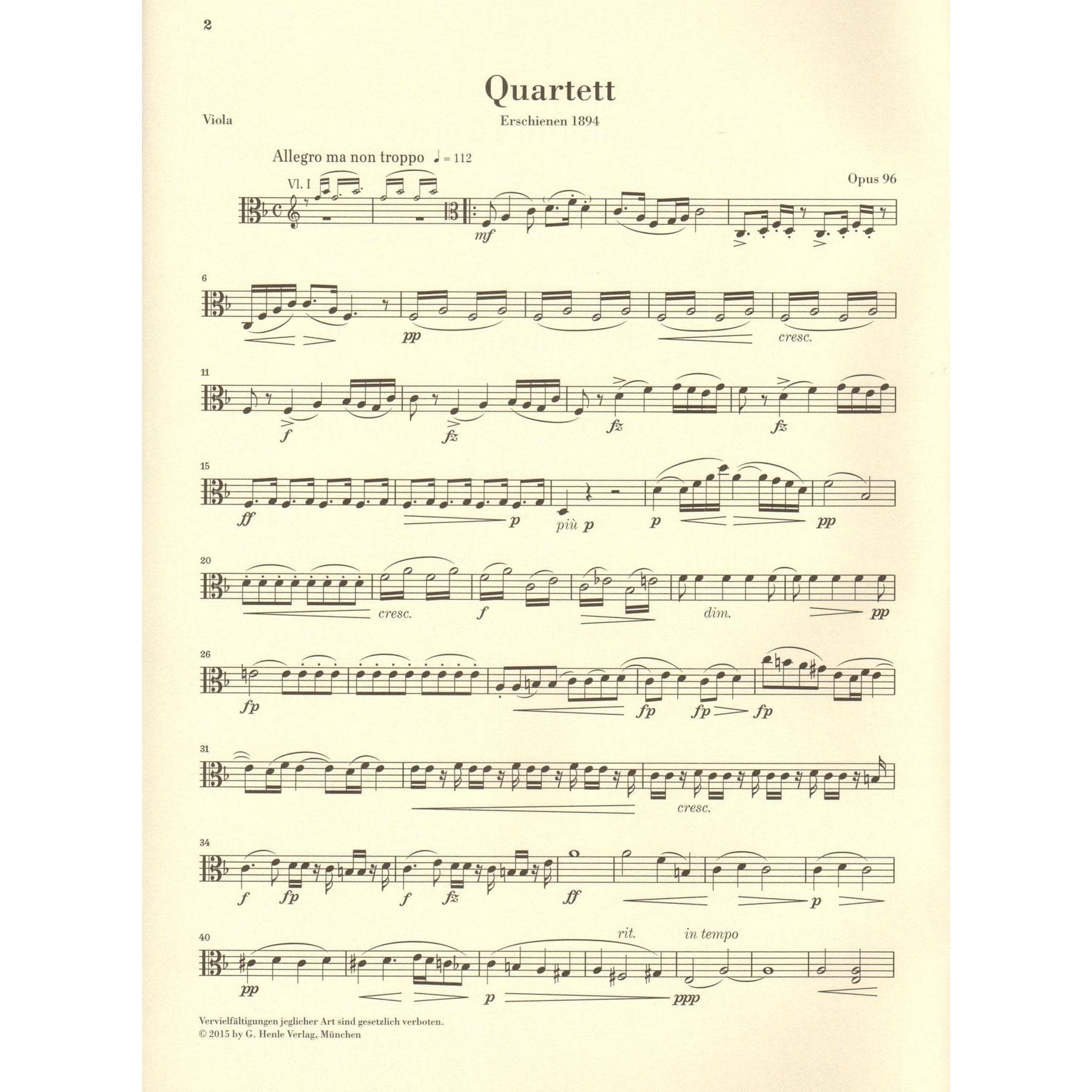 Dvorak, Antonin - String Quartet in F major - Opus 96 - Parts Only - Edited by Peter Jost - G Henle Verlag URTEXT